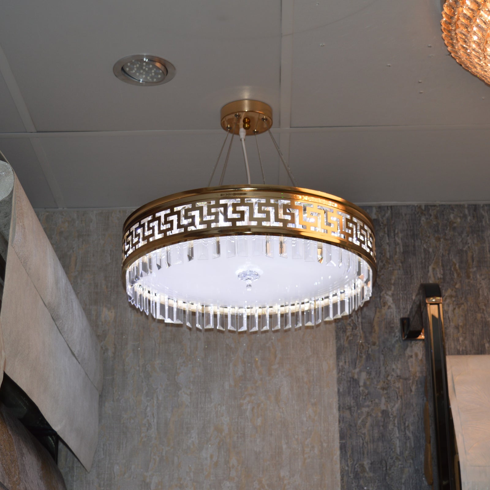 Luxury Gold Crystal LED Chandelier Ceiling Light - Greek Key Design - 04 Sizes