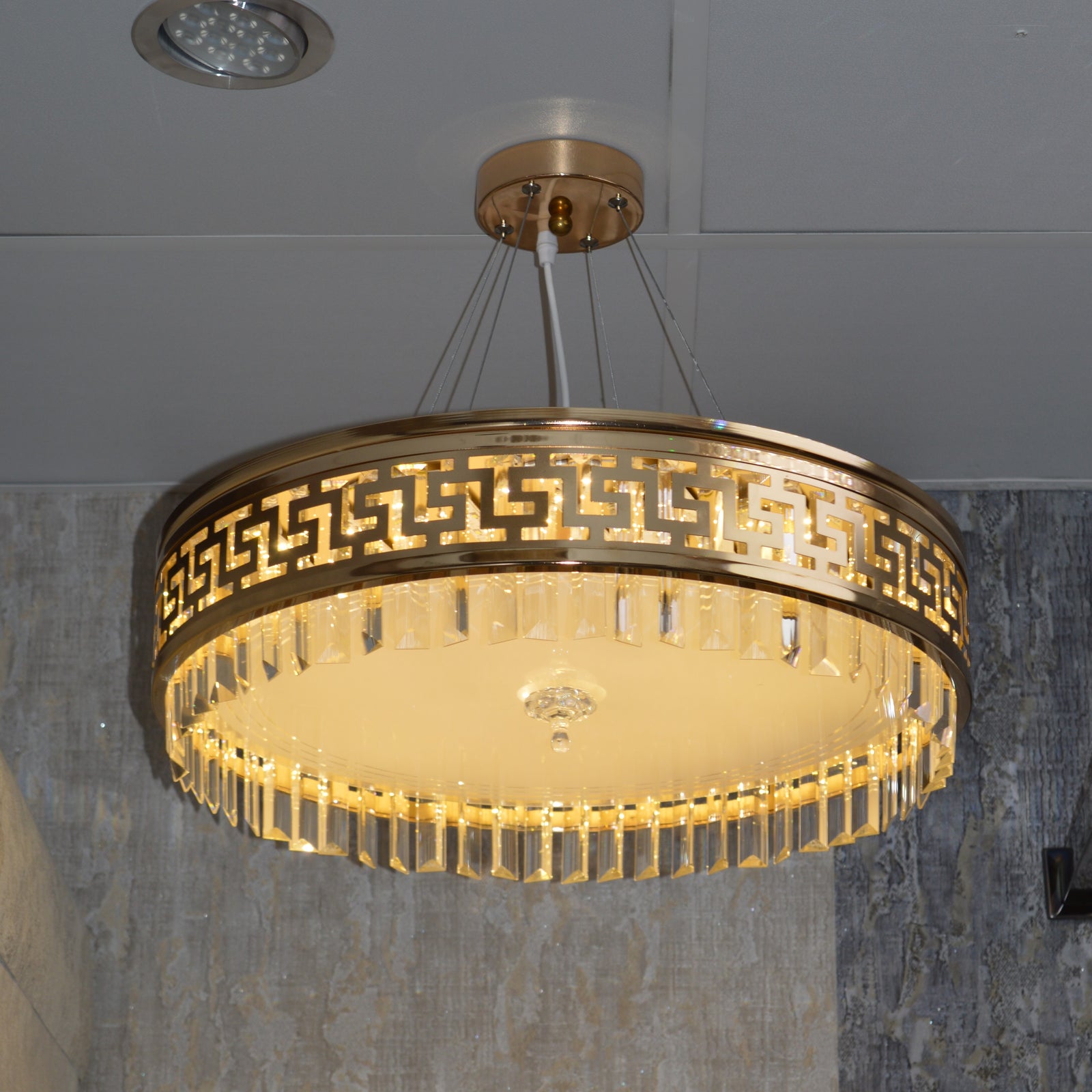 Luxury Gold Crystal LED Chandelier Ceiling Light - Greek Key Design - 04 Sizes