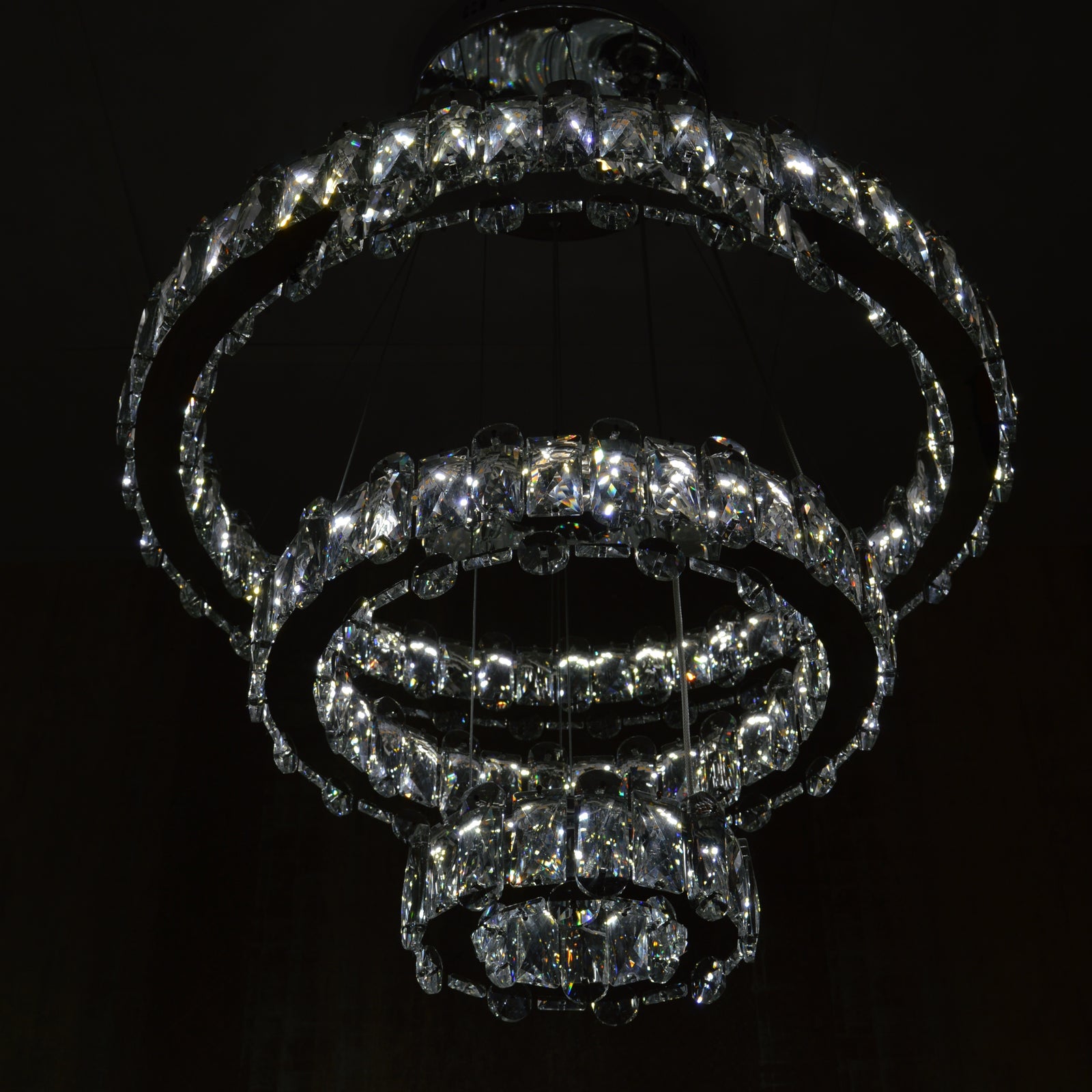 Round 3 Circular Crystallic Pendant Ceiling Light-Colour Changing Dimmable with Remote Control-D9010-600+400+200-Chrome