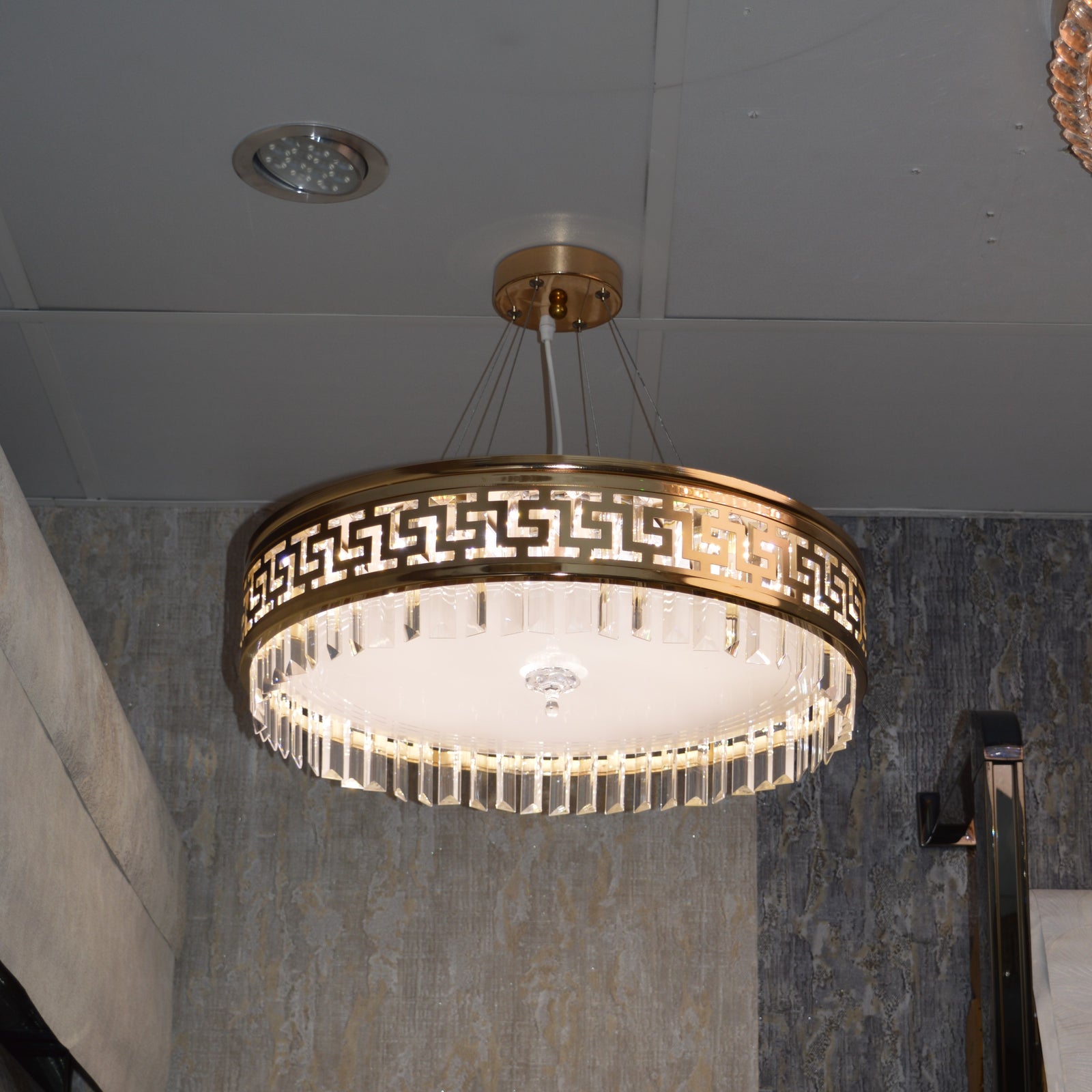 Luxury Gold Crystal LED Chandelier Ceiling Light - Greek Key Design - 04 Sizes