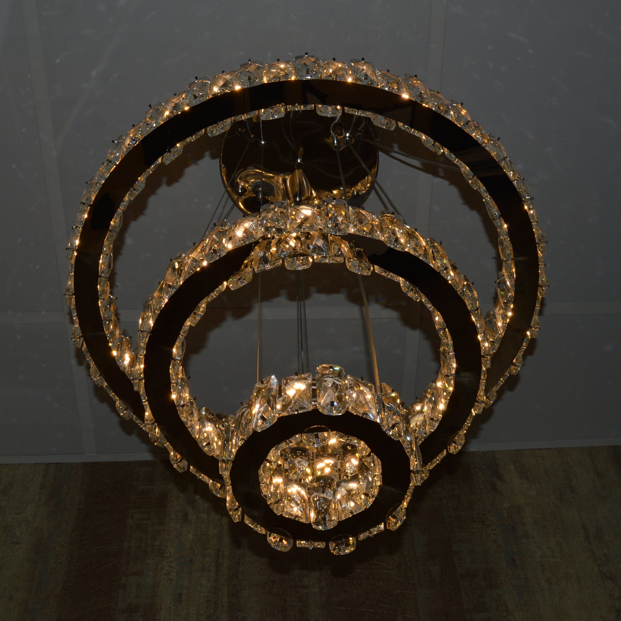 Round 3 Circular Crystallic Pendant Ceiling Light-Colour Changing Dimmable with Remote Control-D9010-600+400+200-Chrome