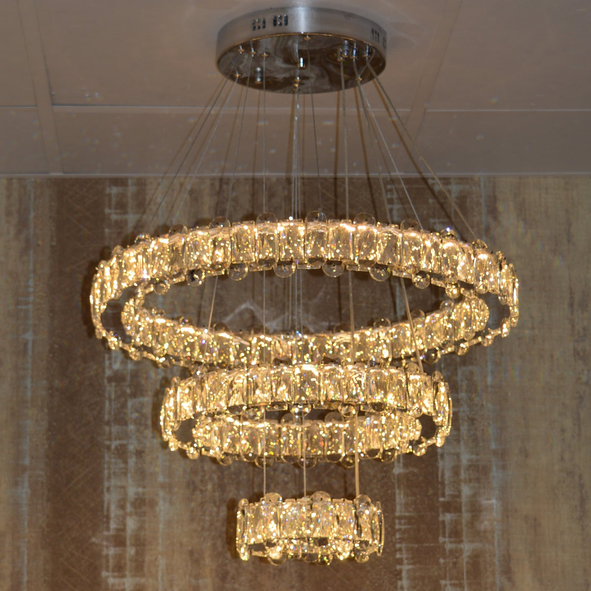 Round 3 Circular Crystallic Pendant Ceiling Light-Colour Changing Dimmable with Remote Control-D9010-600+400+200-Chrome