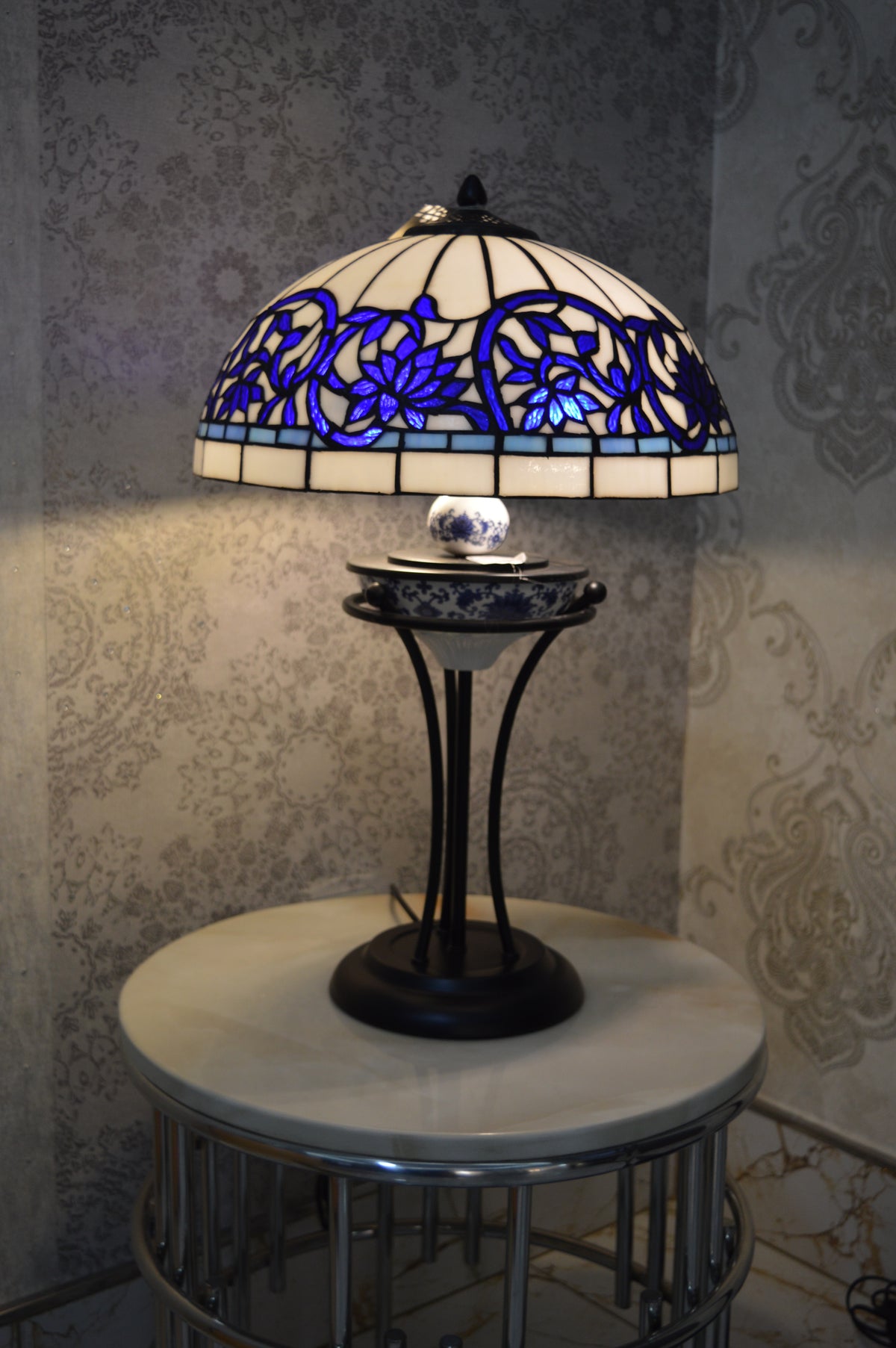 Handmade White and Blue Round Glass shade Tiffany Floor Lamp & Table Lamp