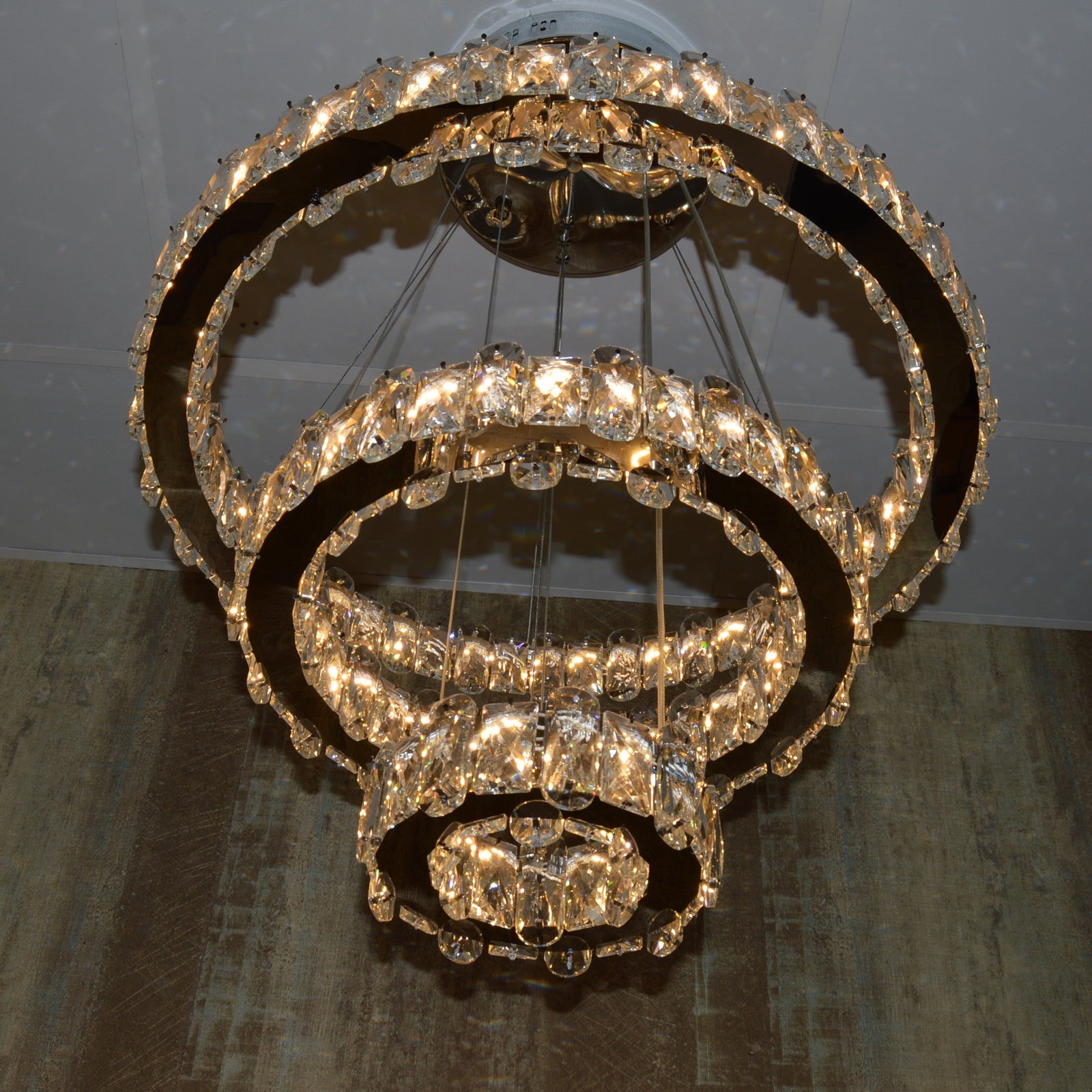 Round 3 Circular Crystallic Pendant Ceiling Light-Colour Changing Dimmable with Remote Control-D9010-600+400+200-Chrome