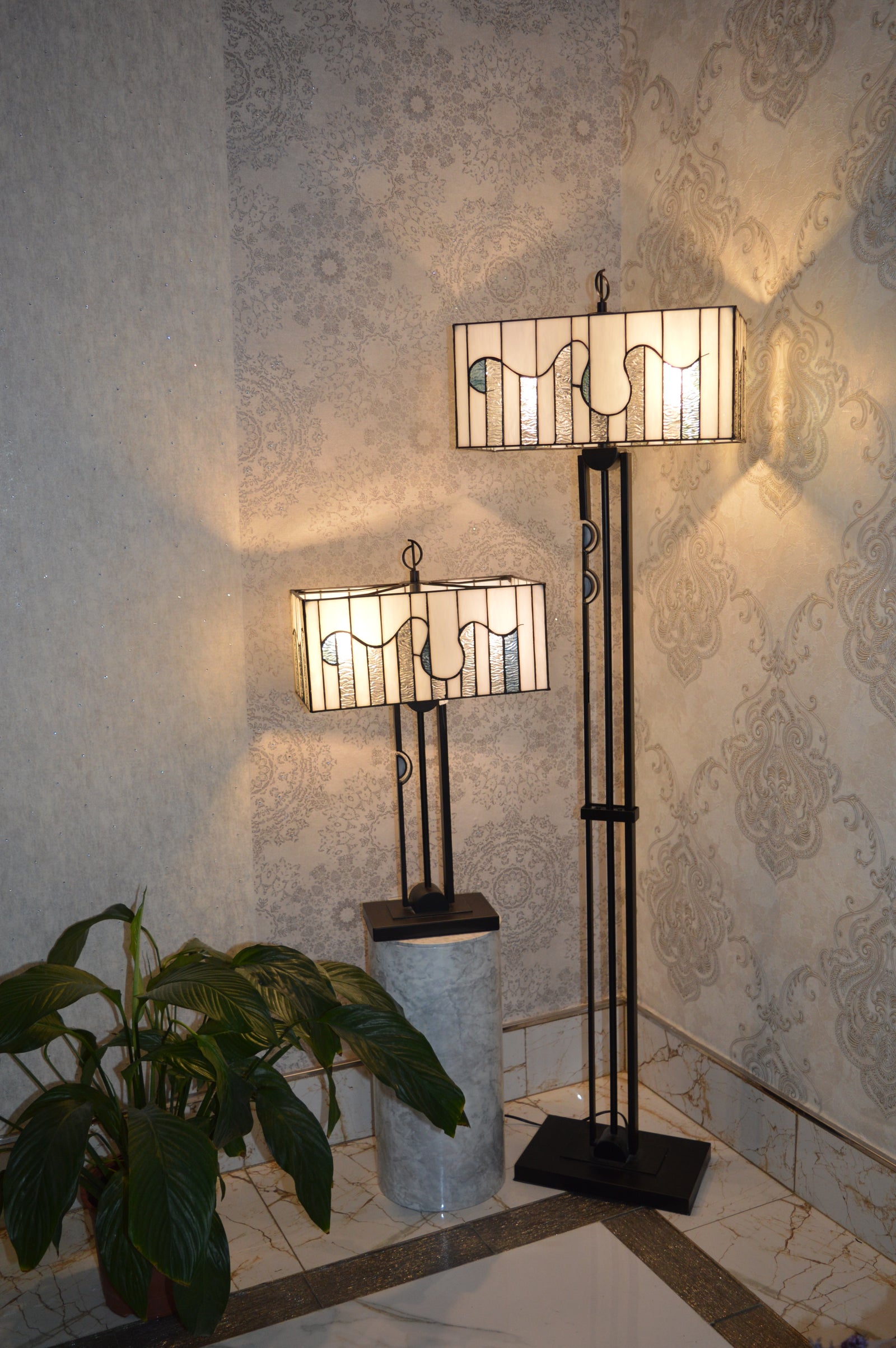 Handmade Rectangle Glass shade Tiffany Floor Lamp & Table Lamp