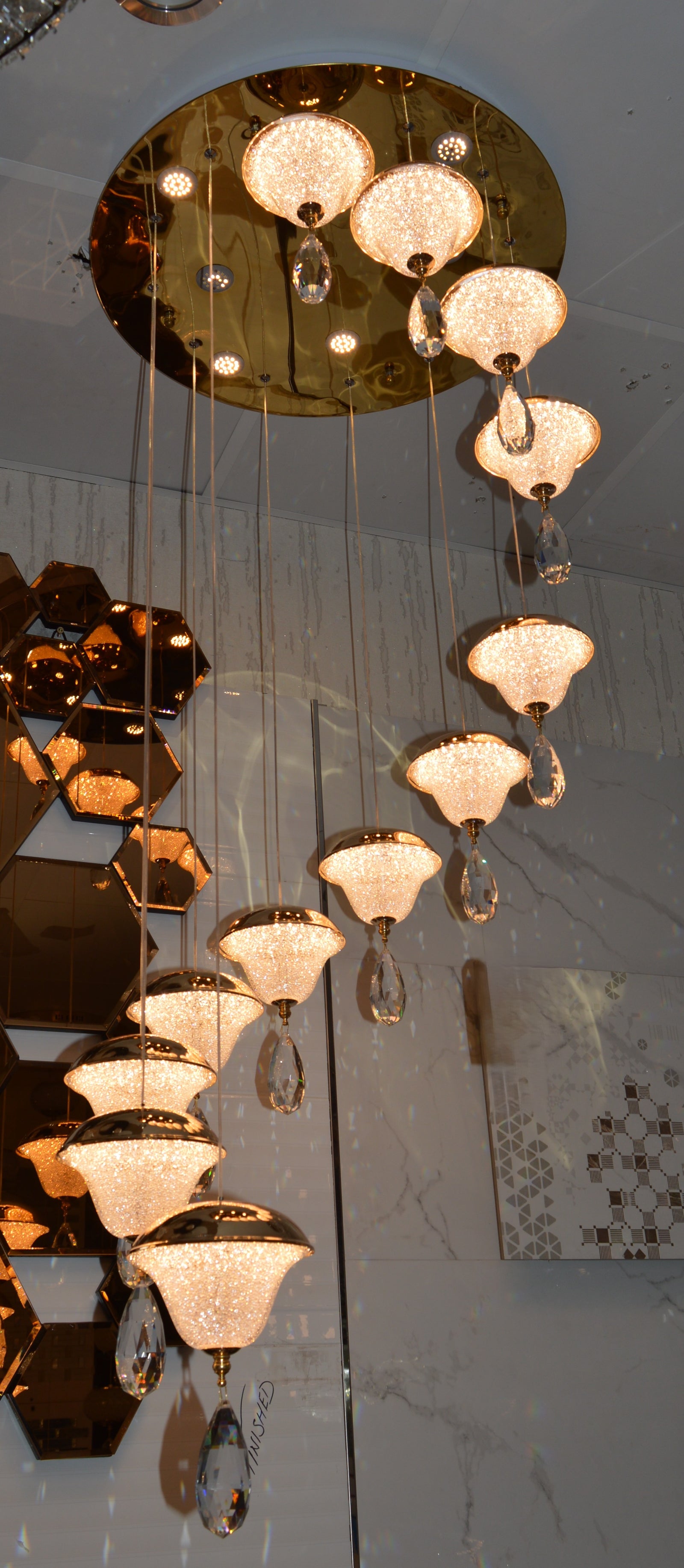 Crystal Drop Modern Staircase/Hallway Pendant Ceiling Light-Gold-6301-12pendants