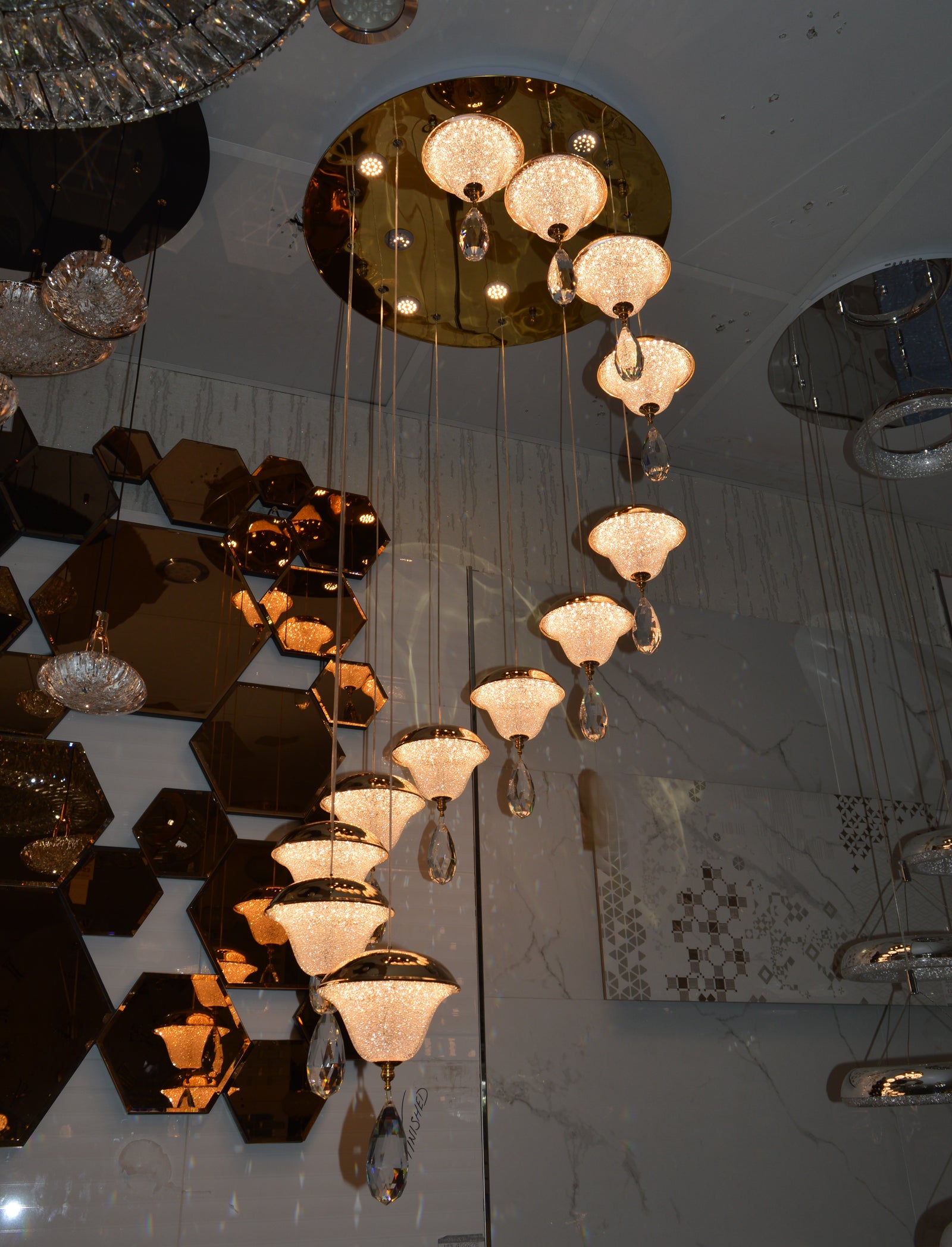 Crystal Drop Modern Staircase/Hallway Pendant Ceiling Light-Gold-6301-12pendants