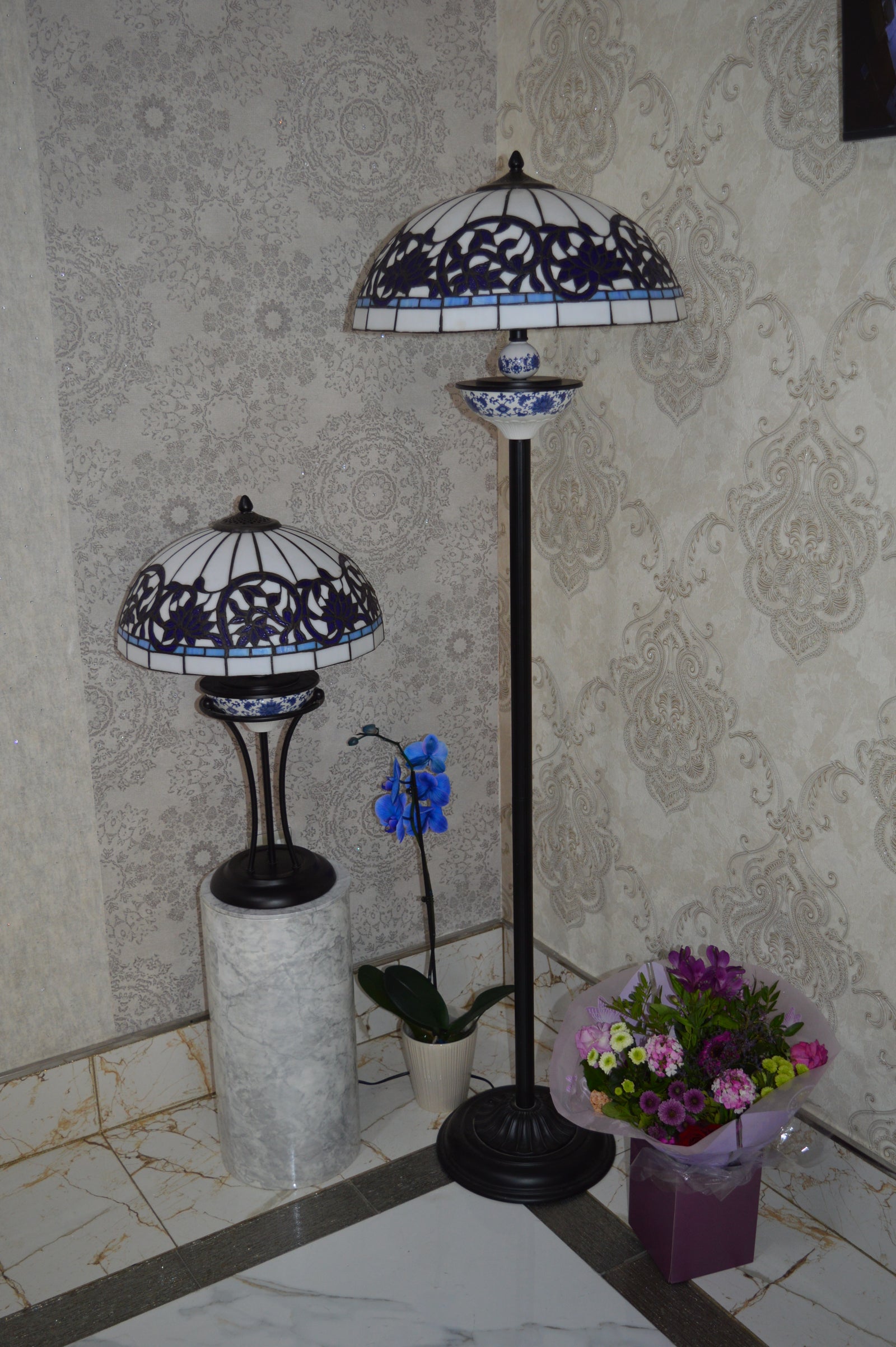 Handmade White and Blue Round Glass shade Tiffany Floor Lamp & Table Lamp