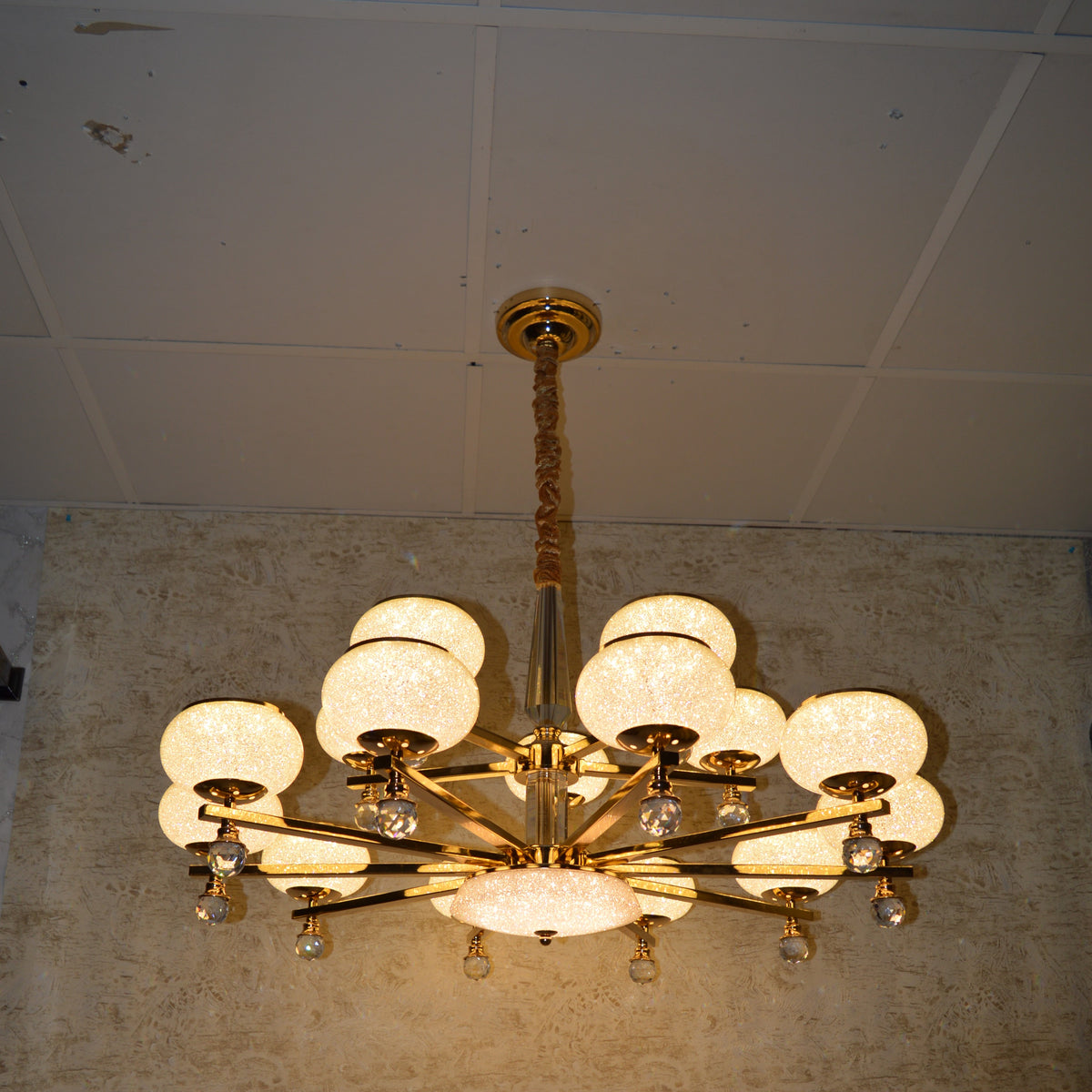 Suspended ceiling 3-shades silver / gold 6 x crystallic bowls light