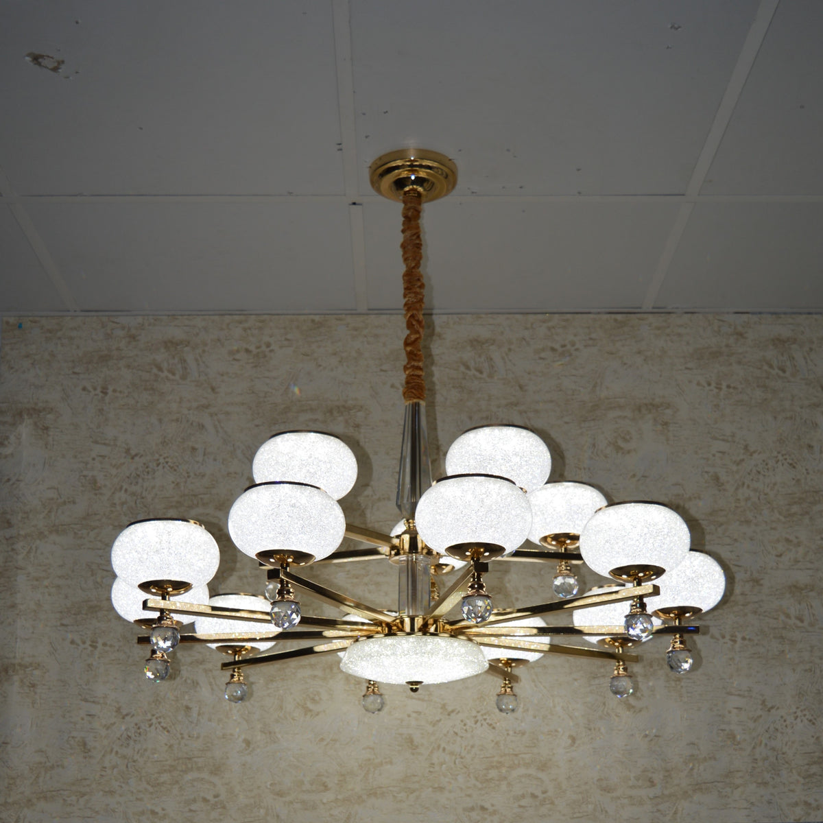 Suspended ceiling 3-shades silver / gold 6 x crystallic bowls light