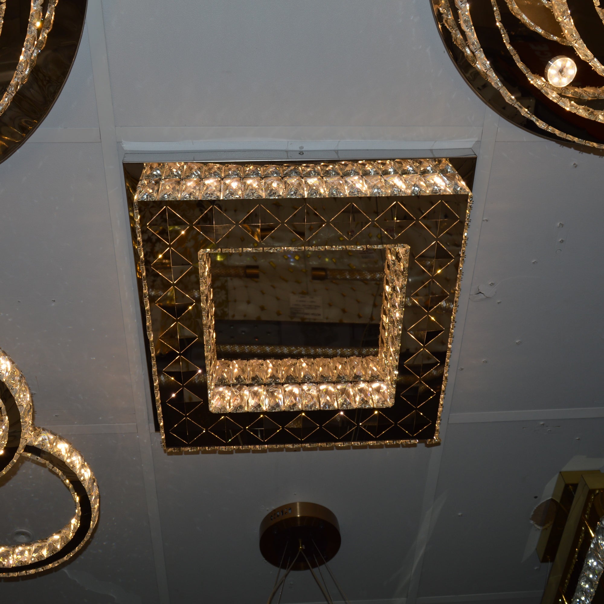 Square mirrored frame crystallic colour changing LED ceiling light [5052-400 & 5052-550]