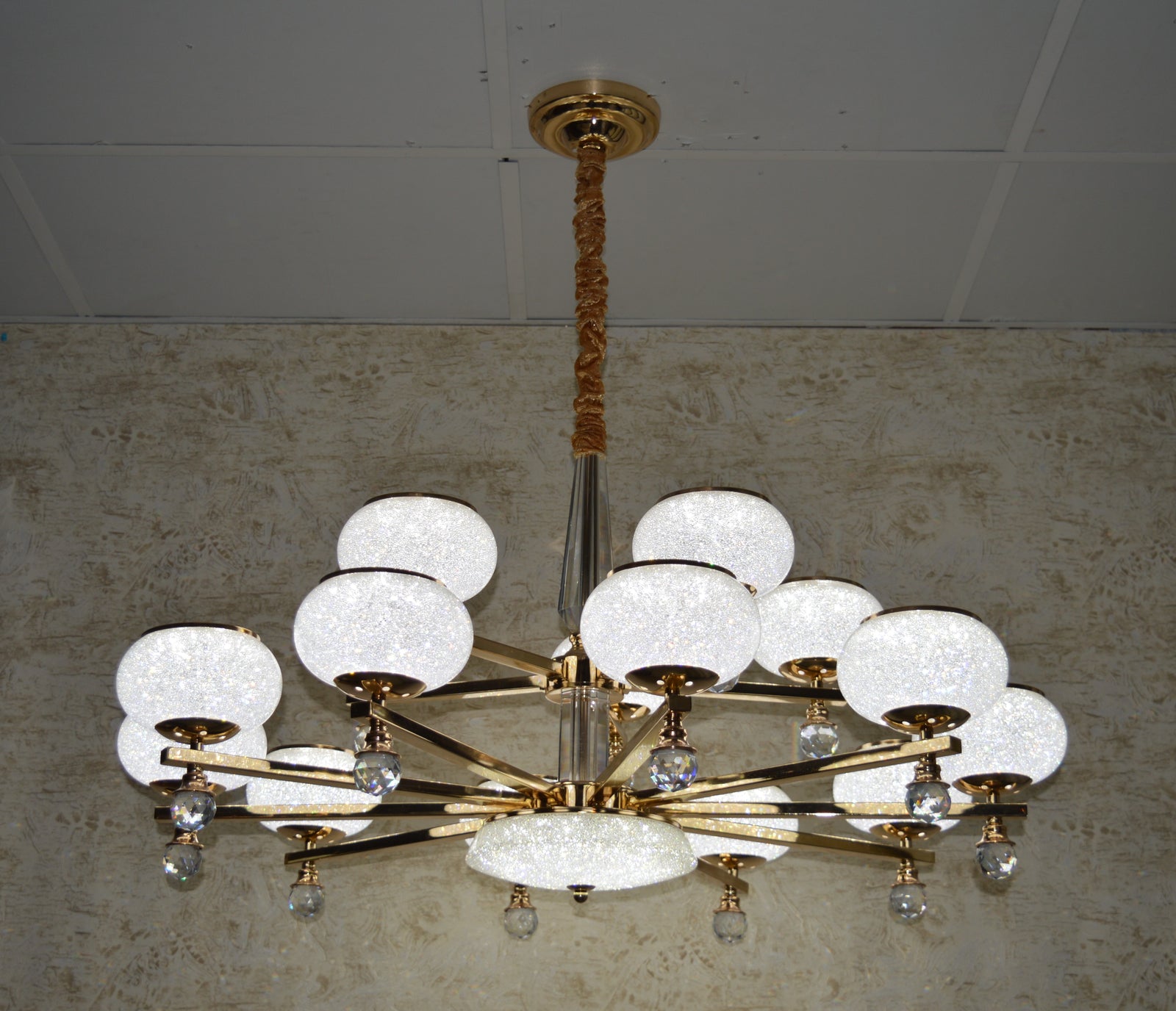 Suspended ceiling 3-shades silver / gold 6 x crystallic bowls light