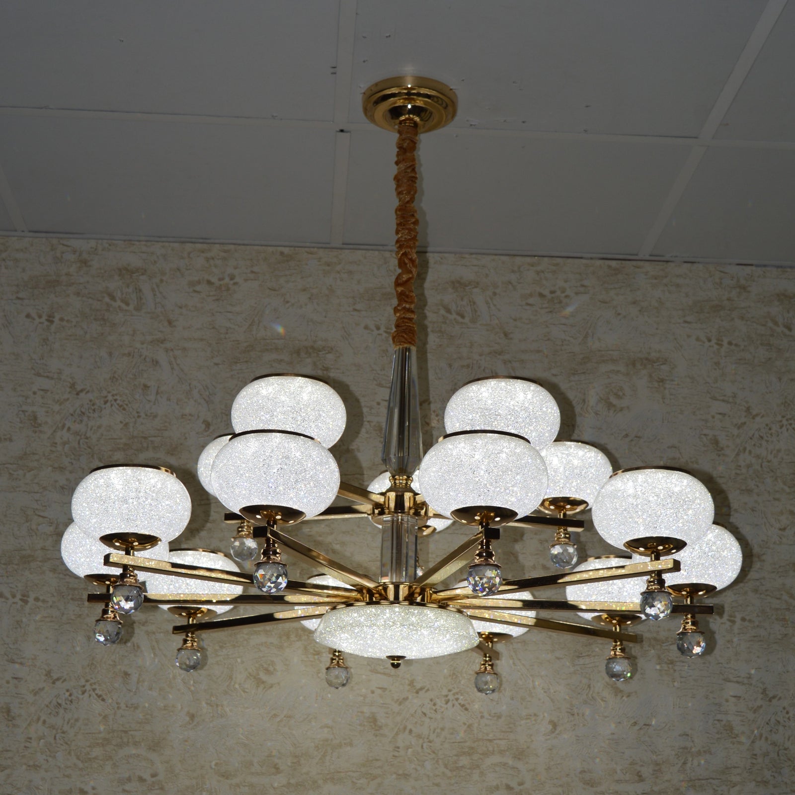 Suspended ceiling 3-shades silver / gold 6 x crystallic bowls light