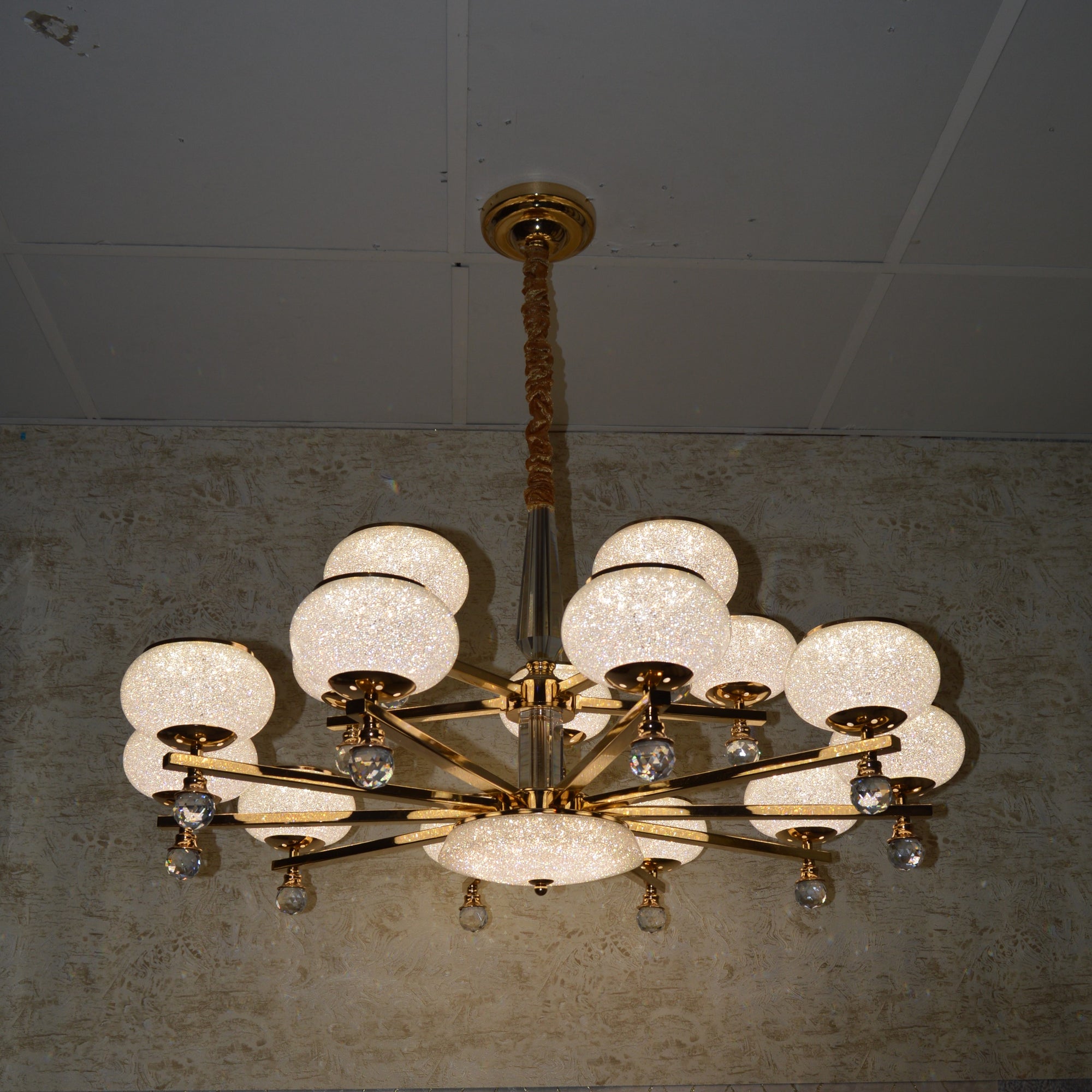 Suspended ceiling 3-shades silver / gold 6 x crystallic bowls light