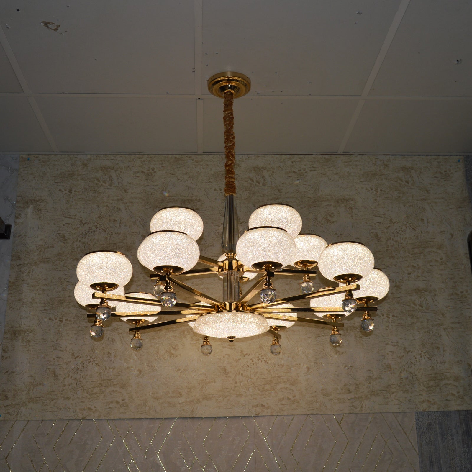 Suspended ceiling 3-shades silver / gold 6 x crystallic bowls light