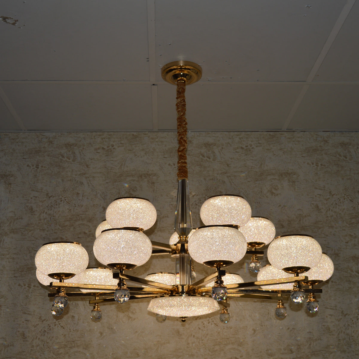 Suspended ceiling 3-shades silver / gold 6 x crystallic bowls light