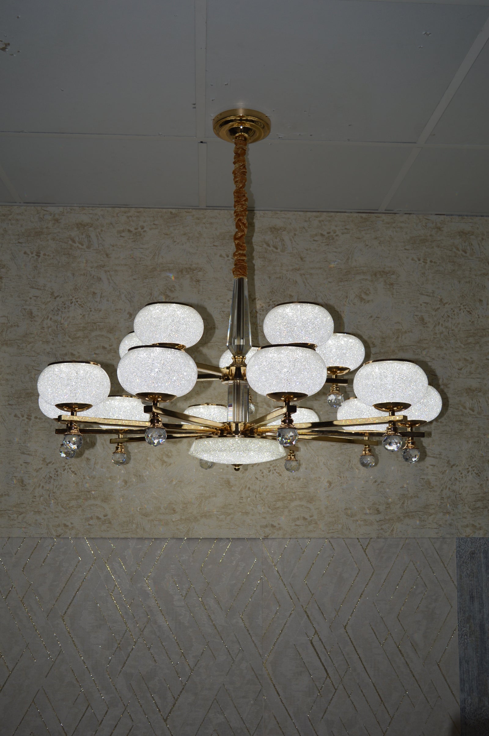 Suspended ceiling 3-shades silver / gold 6 x crystallic bowls light
