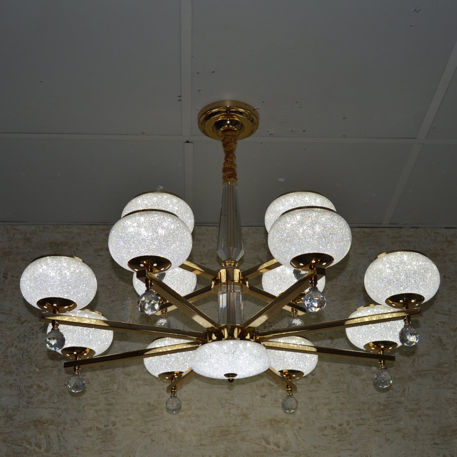 Suspended ceiling 3-shades silver / gold 6 x crystallic bowls light