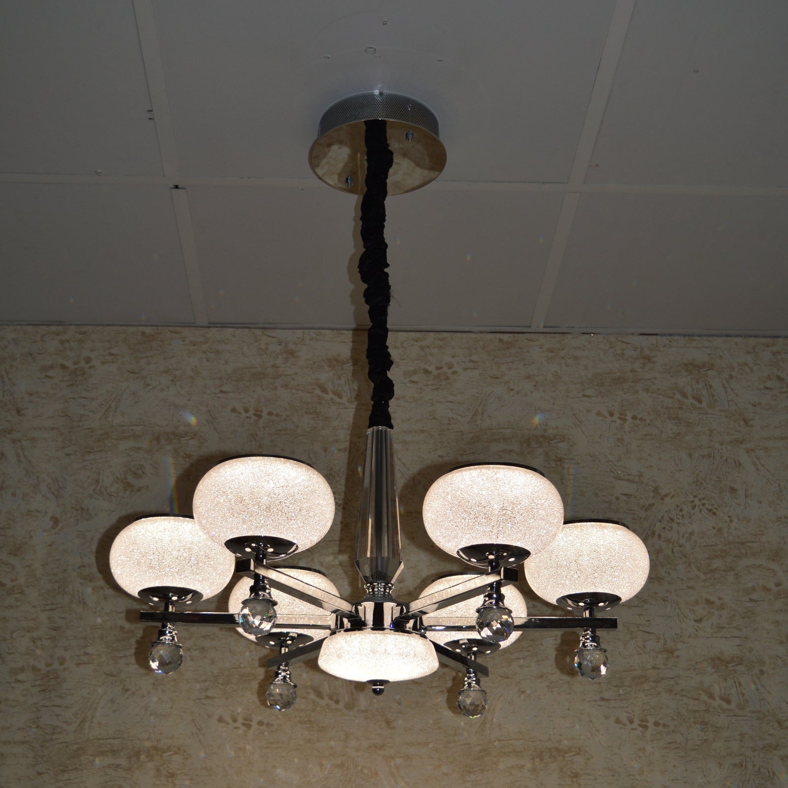 Suspended ceiling 3-shades silver / gold 6 x crystallic bowls light