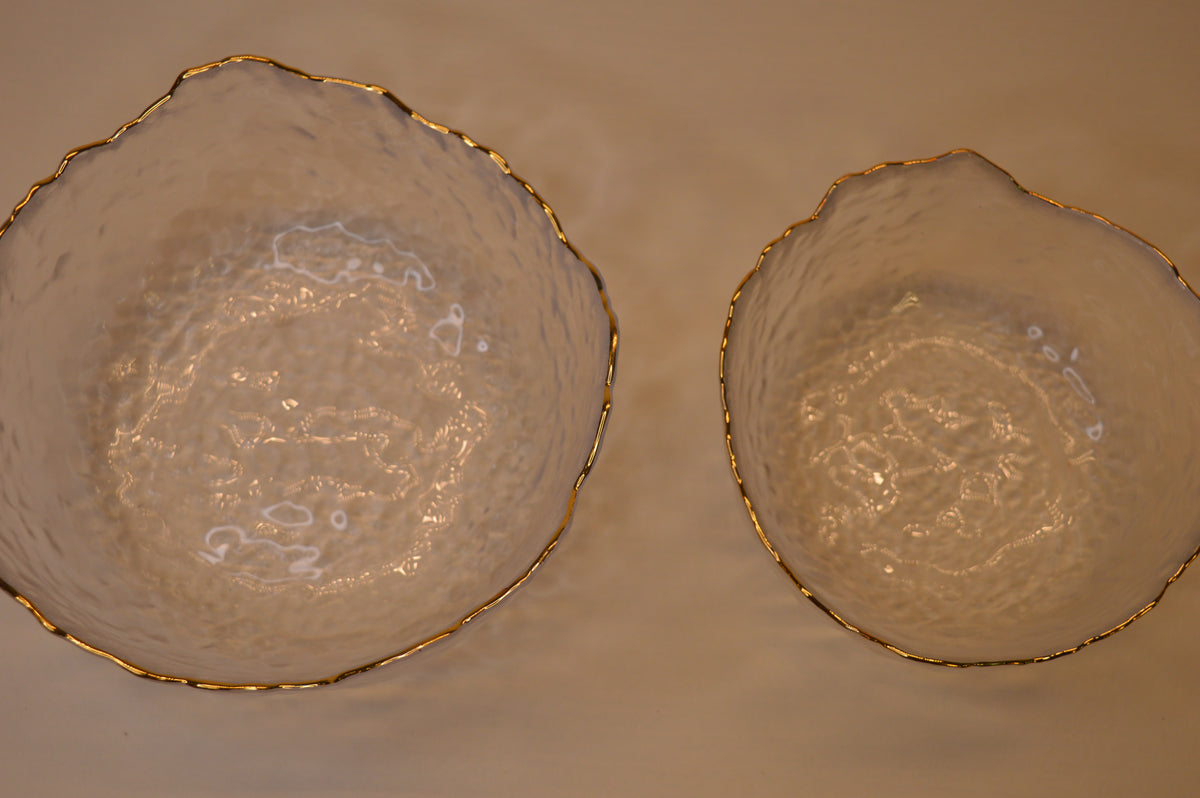 Wavy Bowls with gold edge in two different sizes with matching set of 6pcs glasses