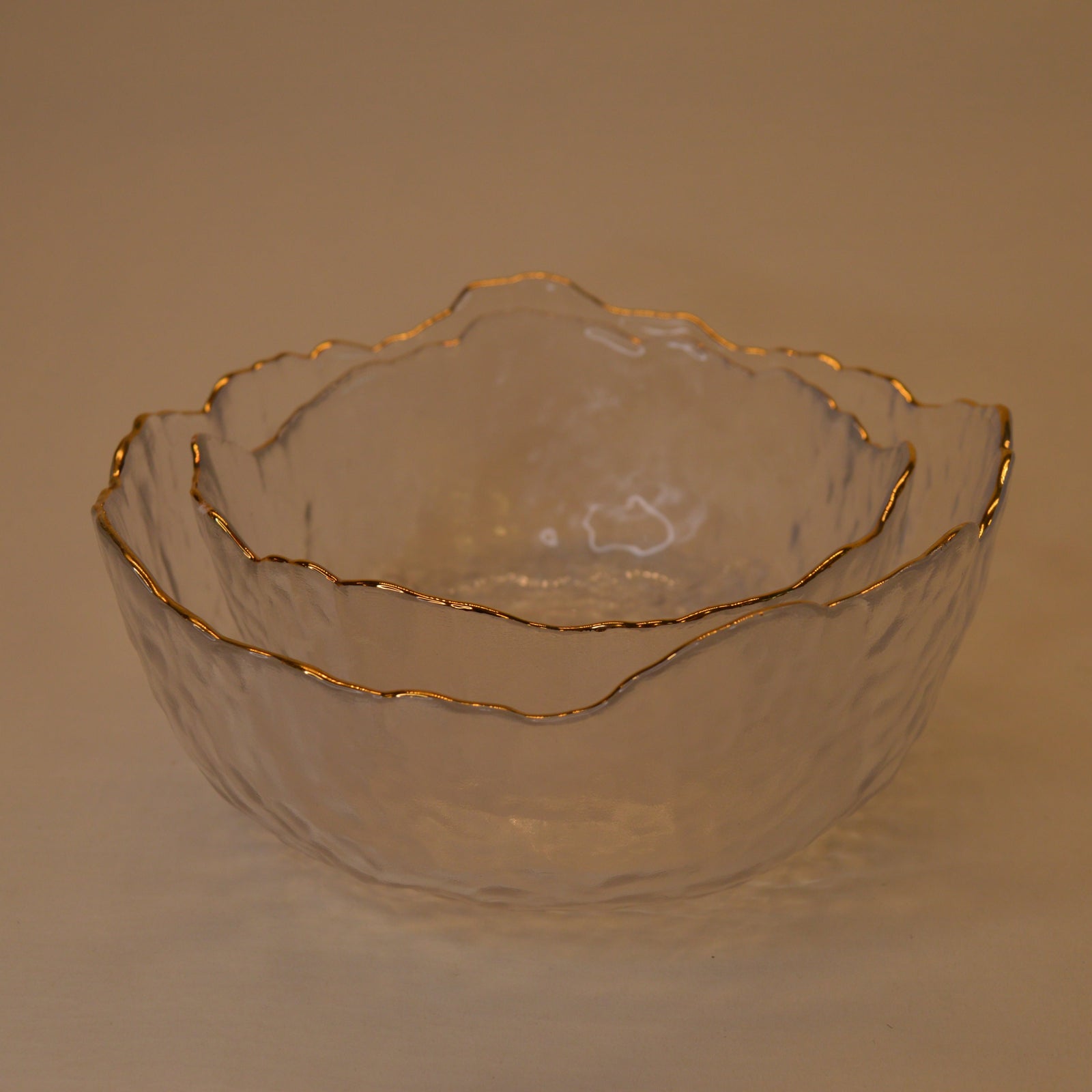 Wavy Bowls with gold edge in two different sizes with matching set of 6pcs glasses