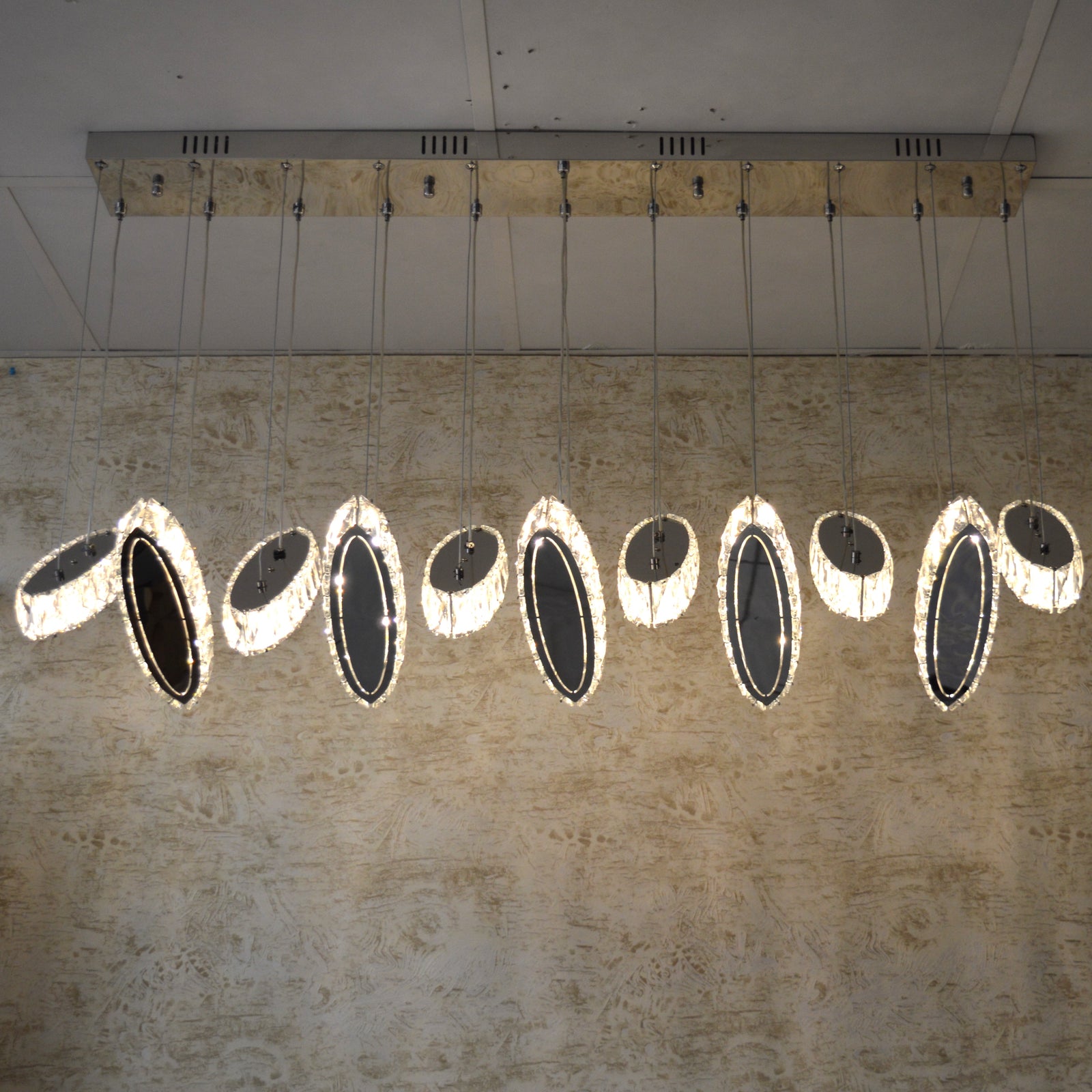 Rectangle 11 Crystal Pendant Ceiling Light-Colour Changing Dimmable with Remote Control-9046-11-Chrome