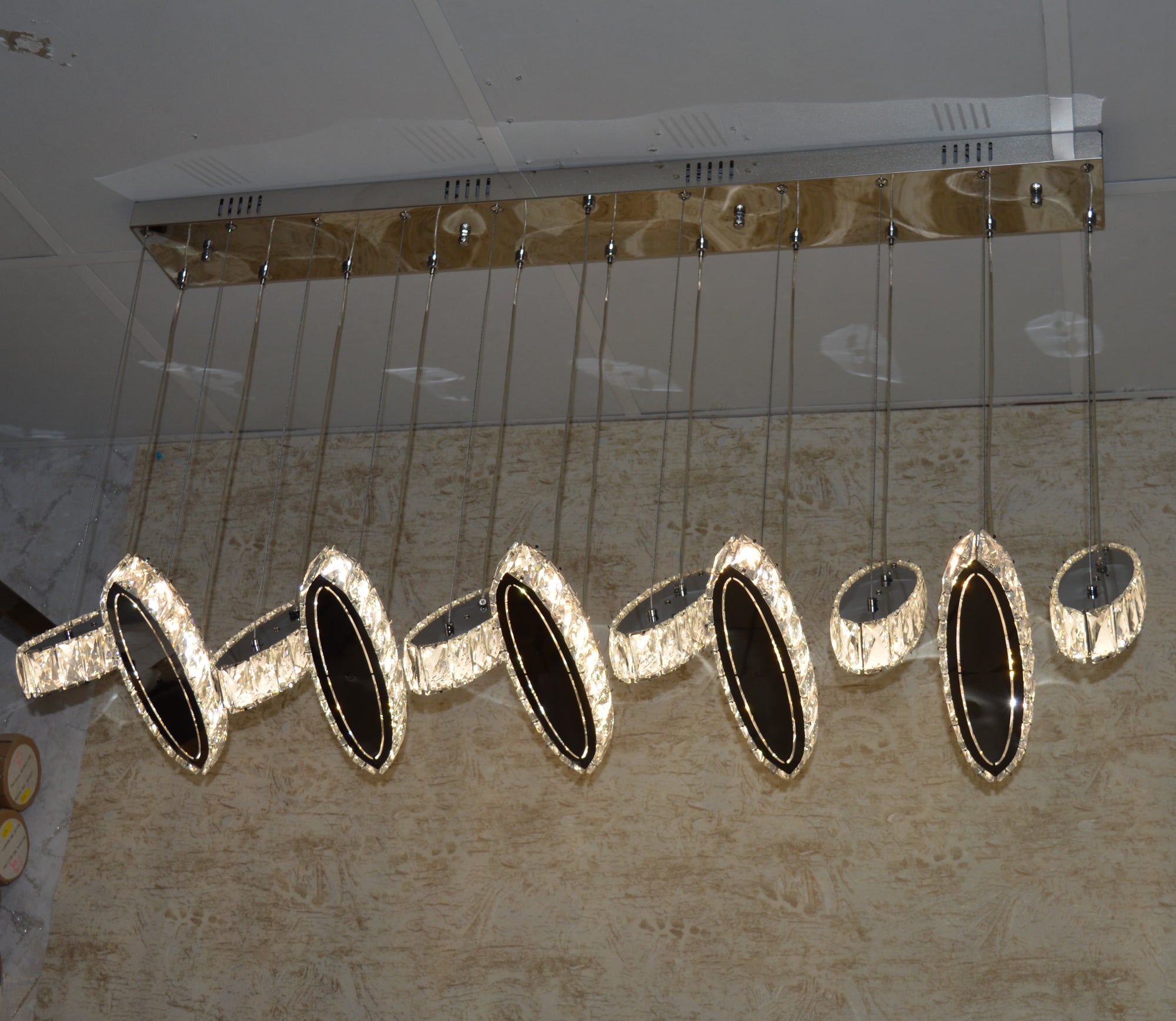 Rectangle 11 Crystal Pendant Ceiling Light-Colour Changing Dimmable with Remote Control-9046-11-Chrome