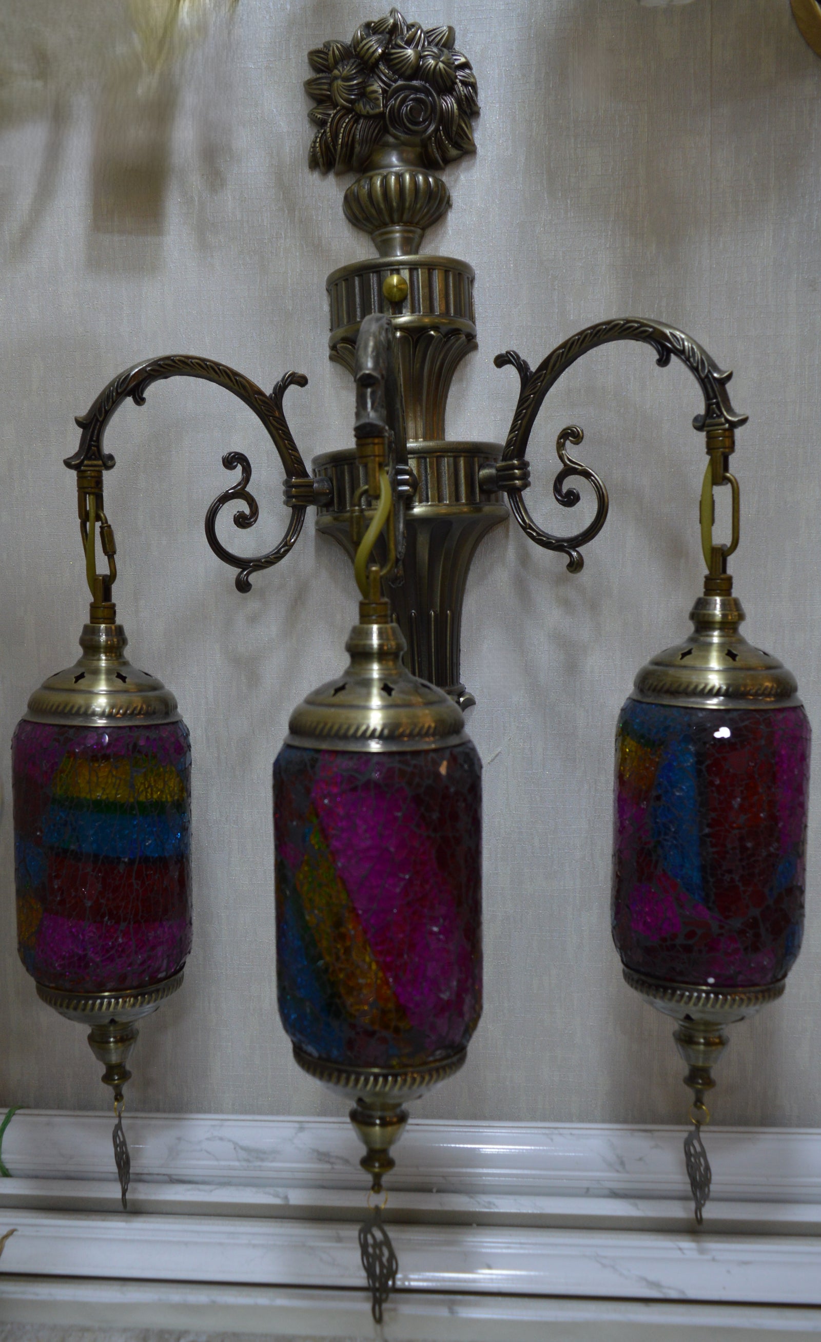 Luxury Triple Turkish Mosaic Wall Lamp – Handcrafted Brass Decorative