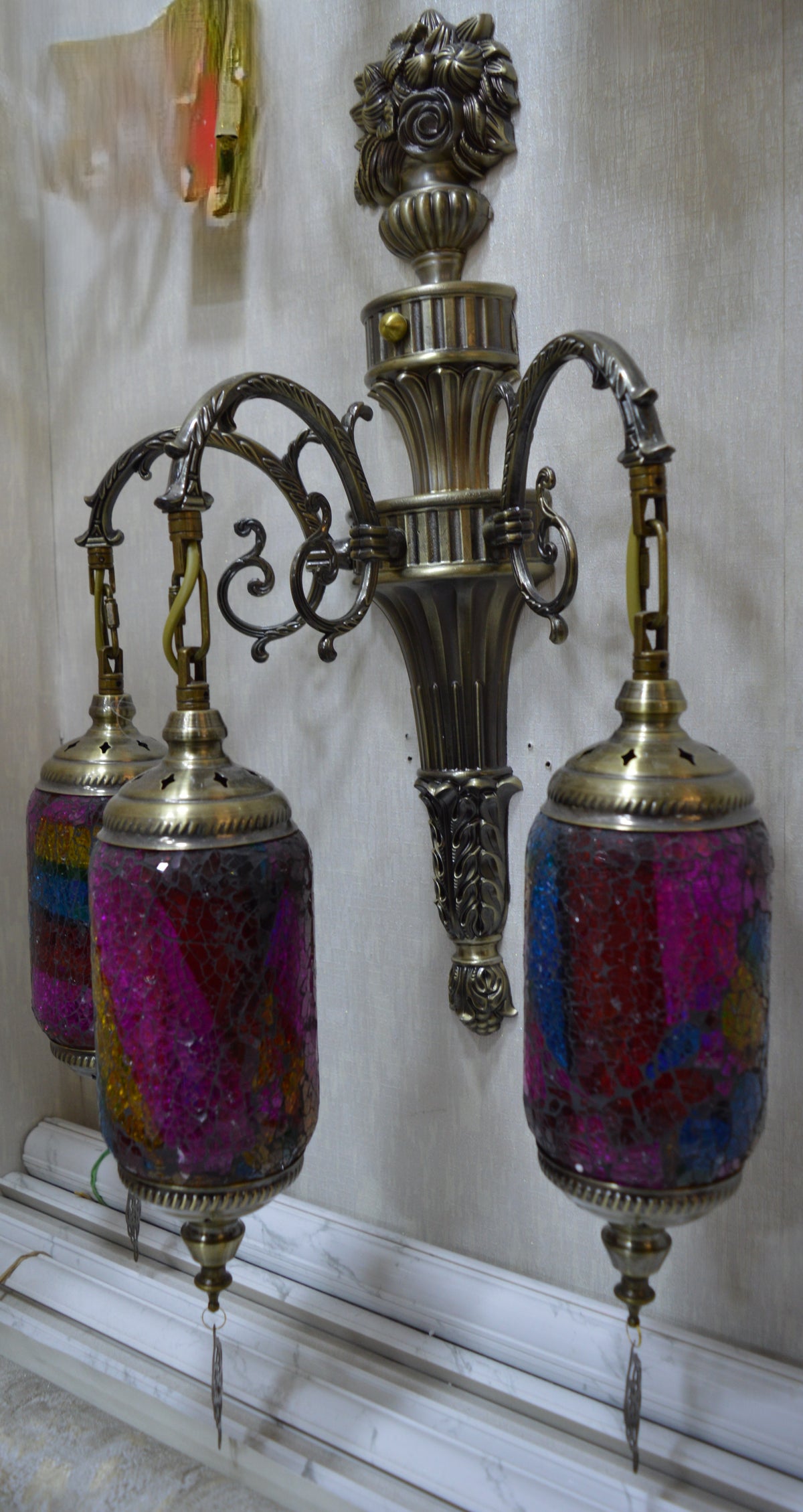Luxury Triple Turkish Mosaic Wall Lamp – Handcrafted Brass Decorative