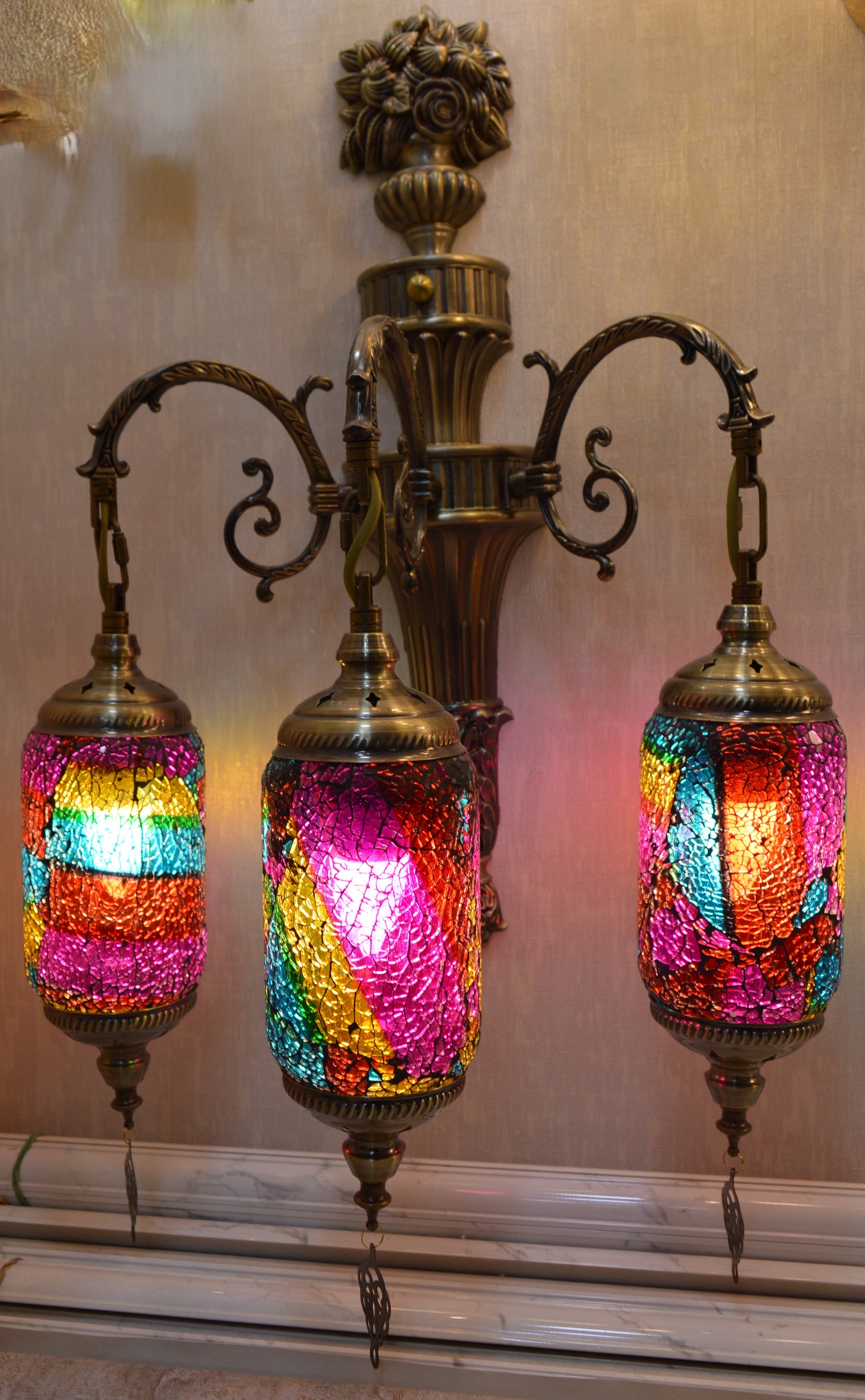 Luxury Triple Turkish Mosaic Wall Lamp – Handcrafted Brass Decorative