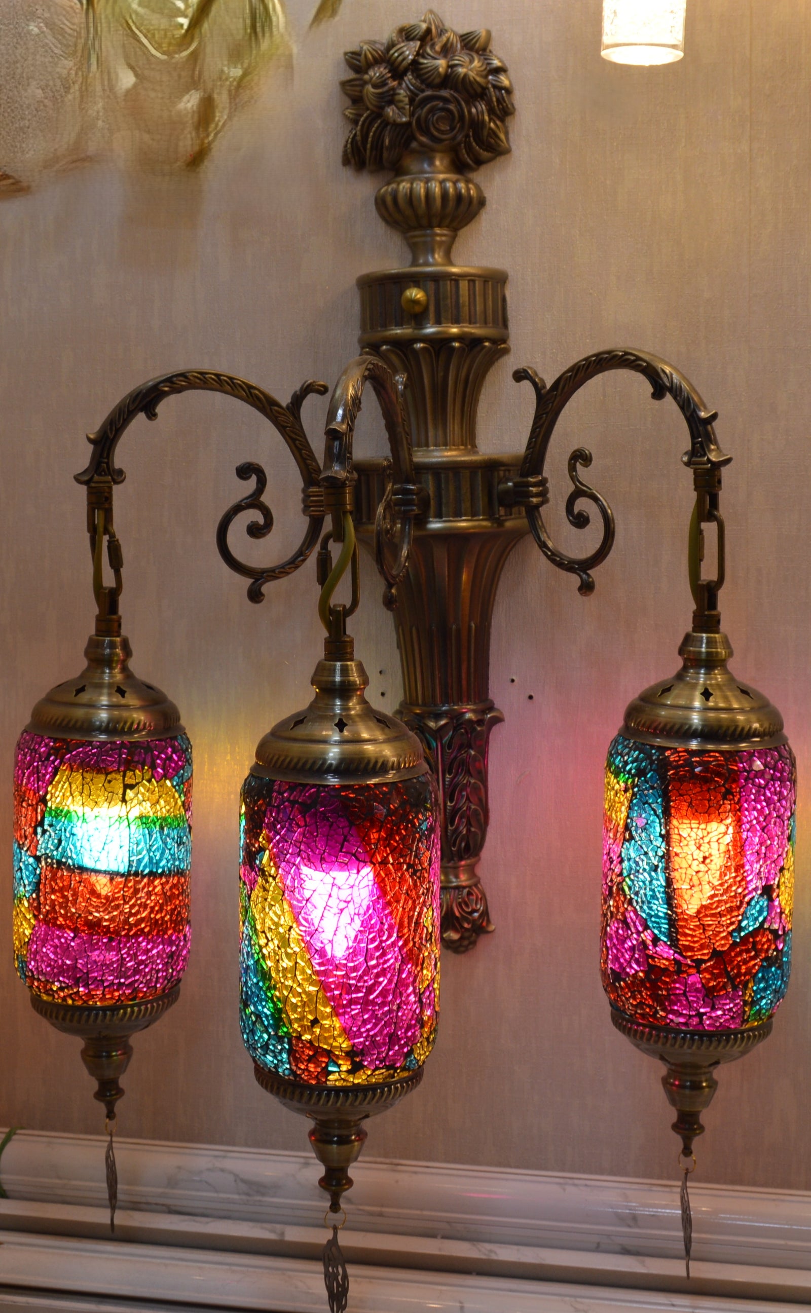 Luxury Triple Turkish Mosaic Wall Lamp – Handcrafted Brass Decorative