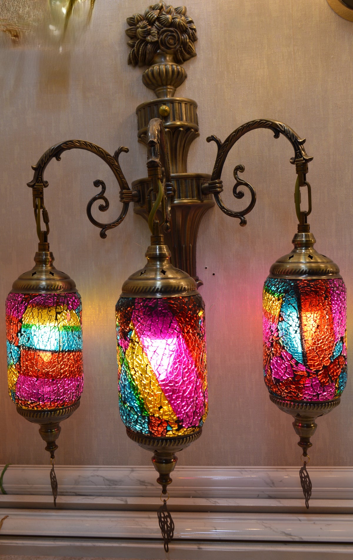 Luxury Triple Turkish Mosaic Wall Lamp – Handcrafted Brass Decorative