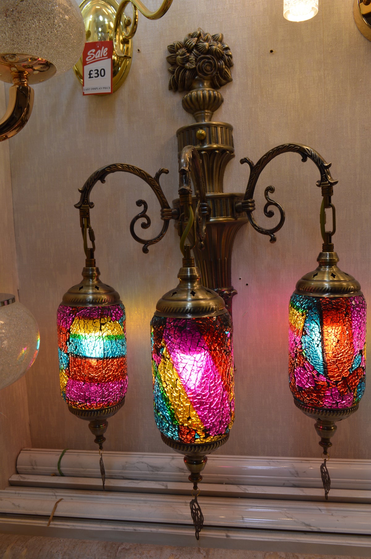 Luxury Triple Turkish Mosaic Wall Lamp – Handcrafted Brass Decorative