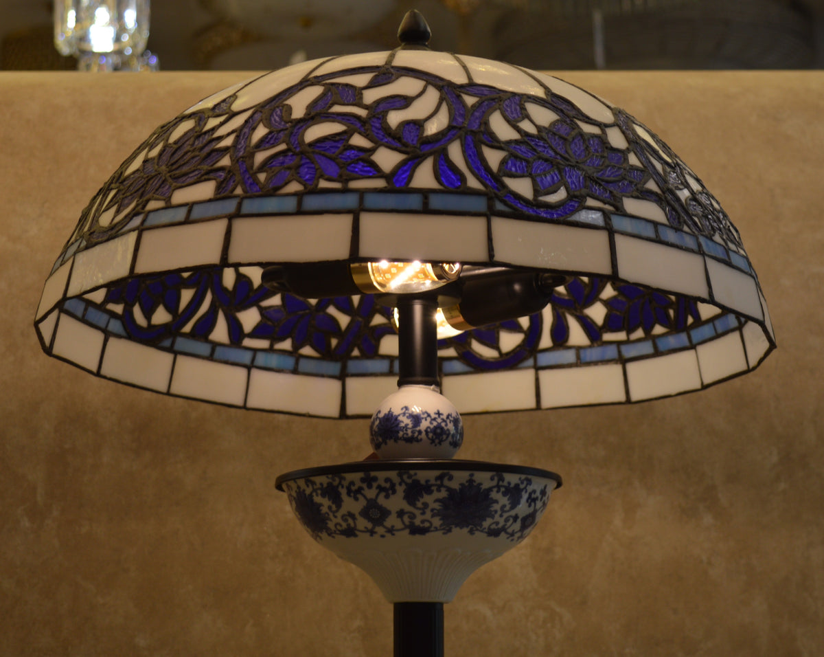 Tiffany Style Blue Floral Stained Glass Table & Floor Lamp Set