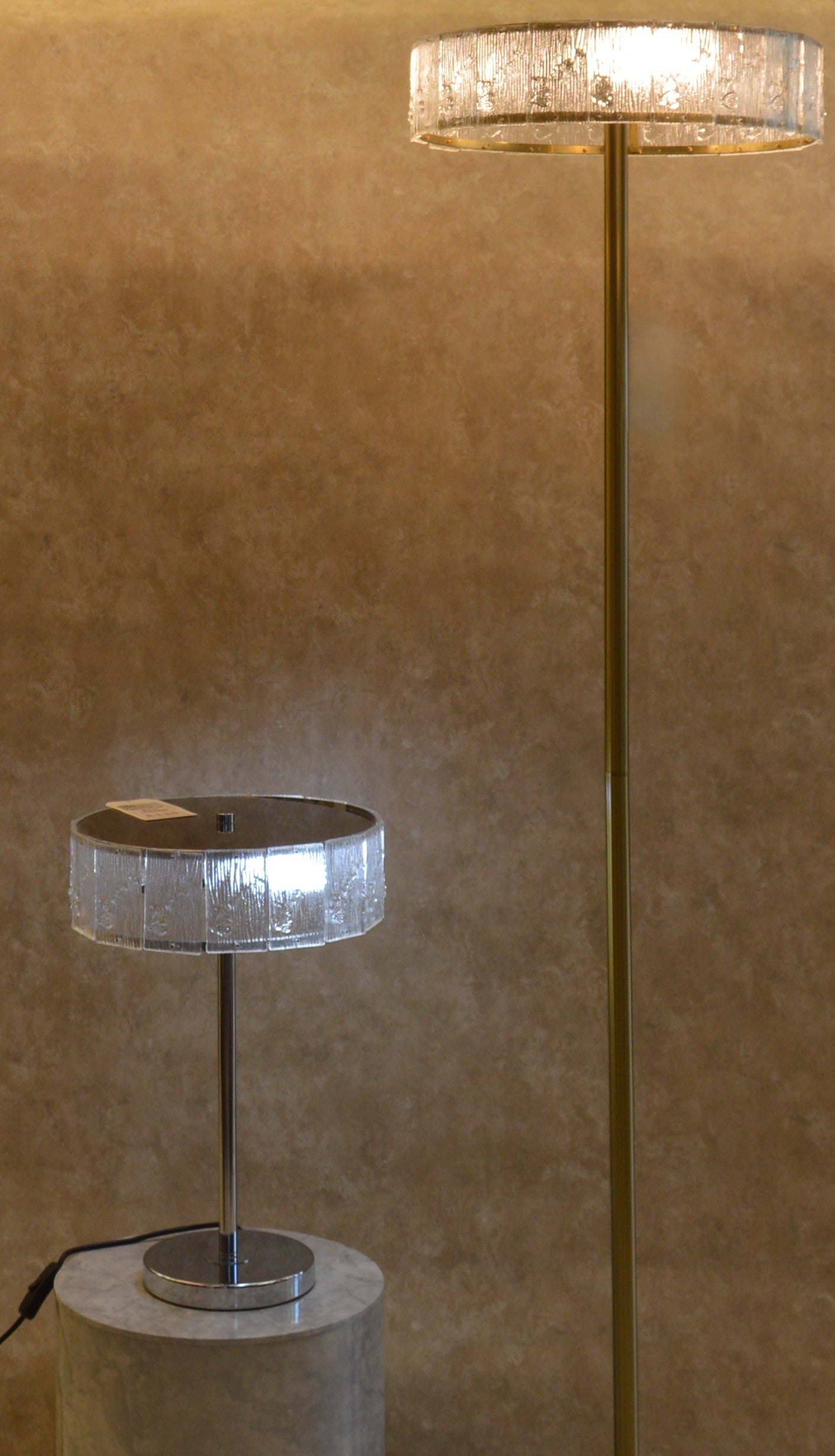 Vintage Murano Style Ice Glass Floor & Table Lamp Set Mid Century Modern