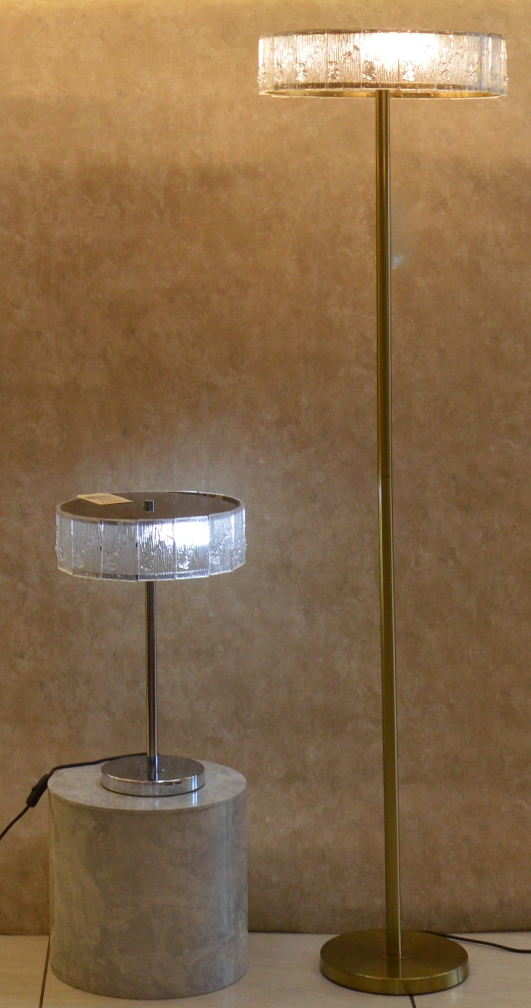 Vintage Murano Style Ice Glass Floor & Table Lamp Set Mid Century Modern