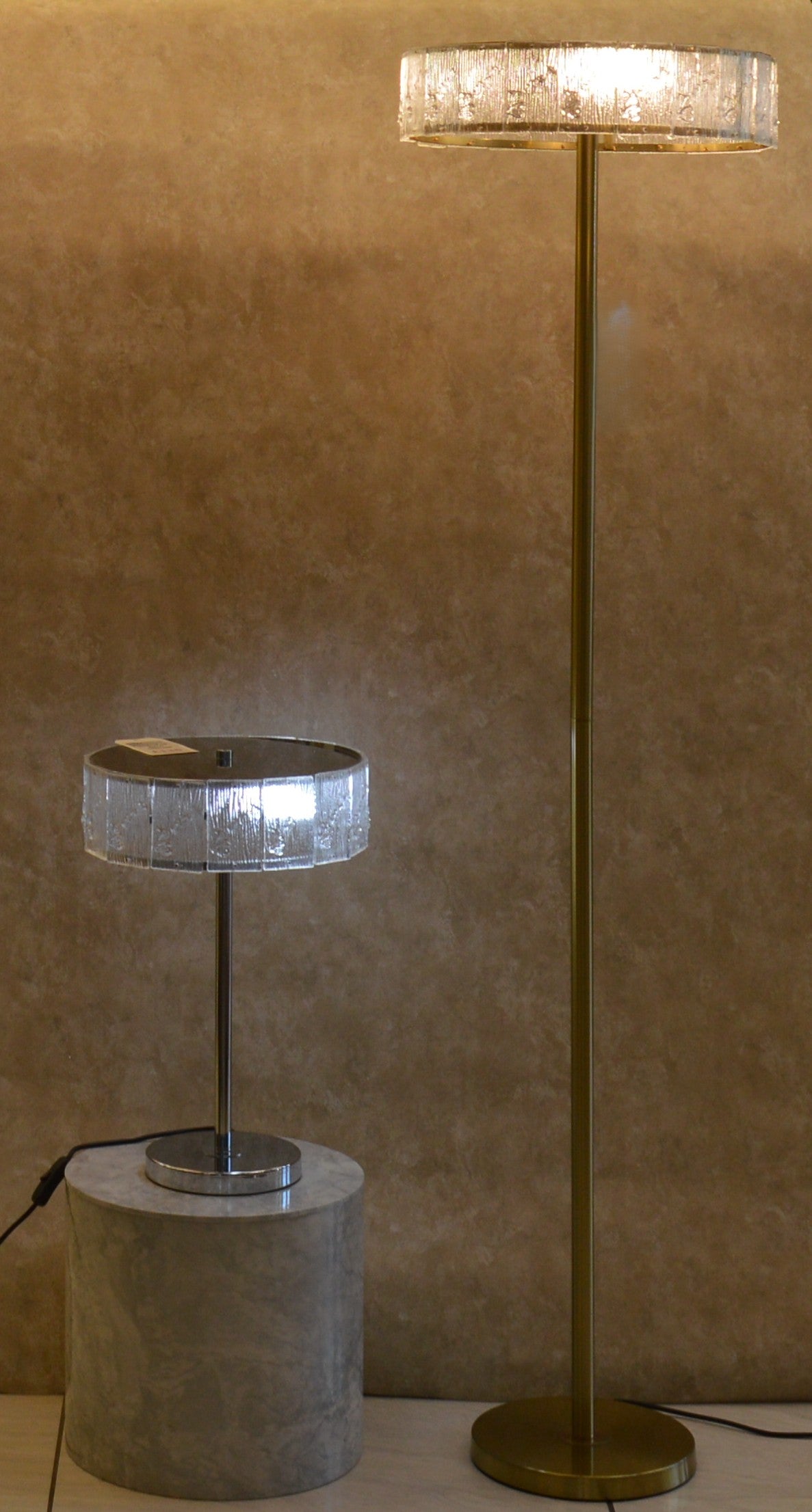 Vintage Murano Style Ice Glass Floor & Table Lamp Set Mid Century Modern