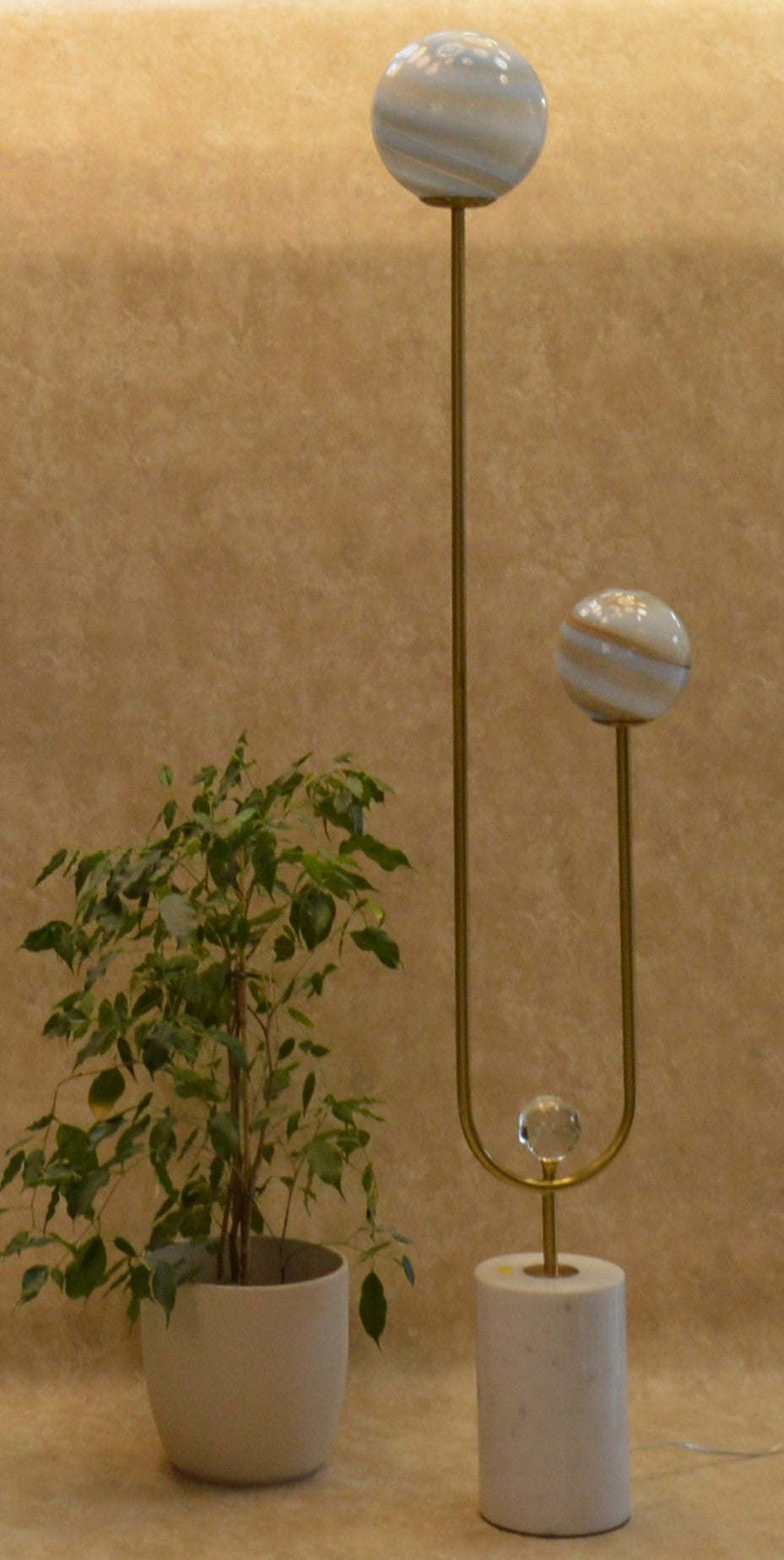 High End Modern Brass Floor Lamp with Marble Base & Dual Glass Globe Lights