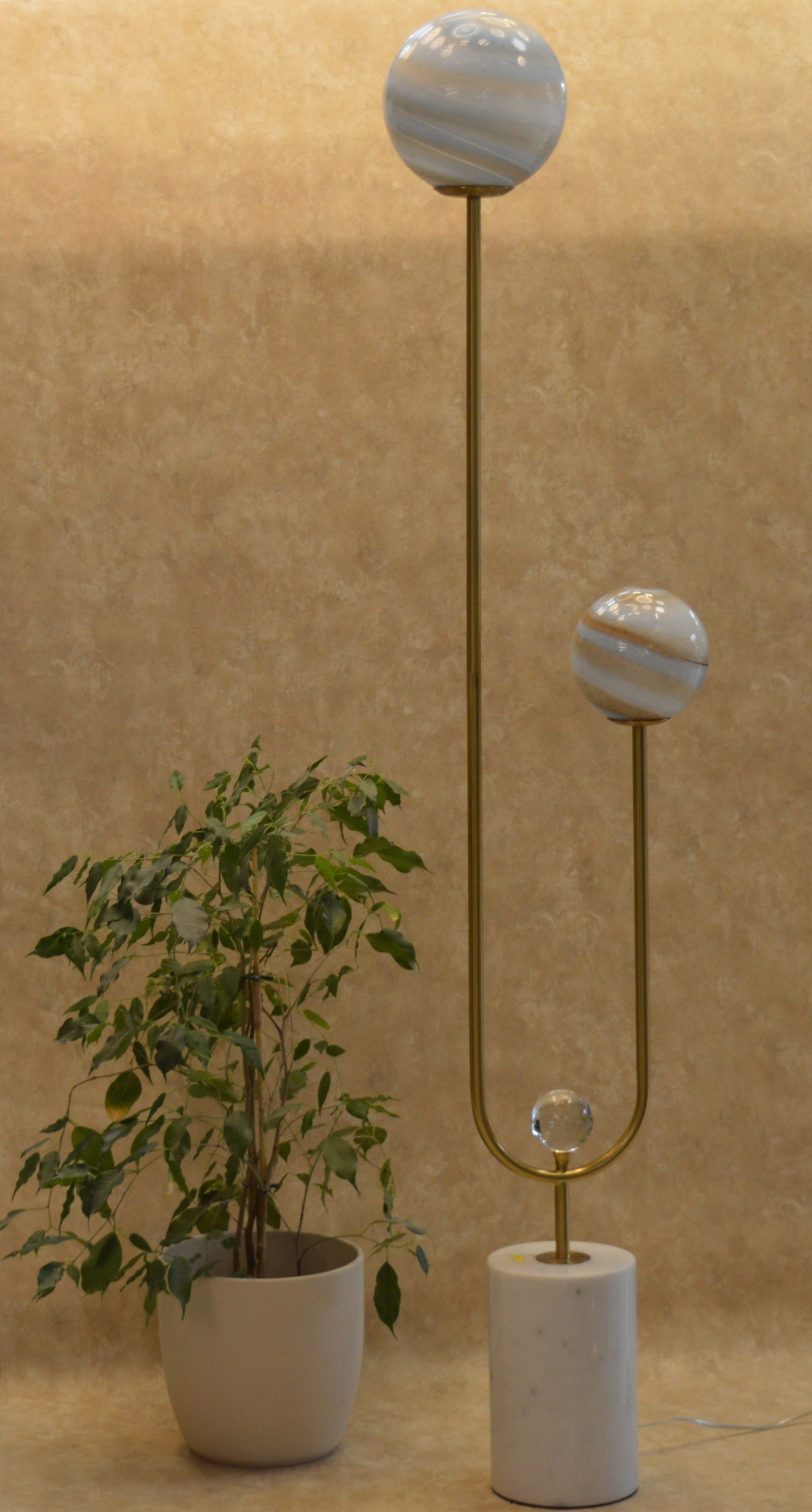 High End Modern Brass Floor Lamp with Marble Base & Dual Glass Globe Lights