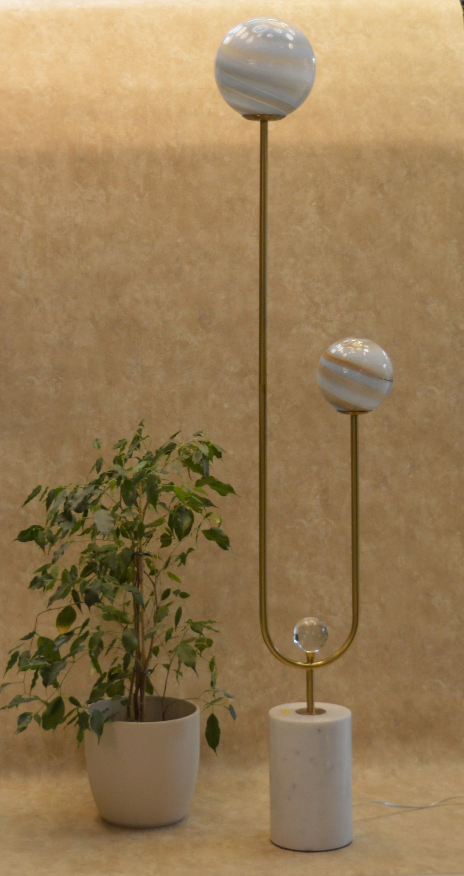 High End Modern Brass Floor Lamp with Marble Base & Dual Glass Globe Lights