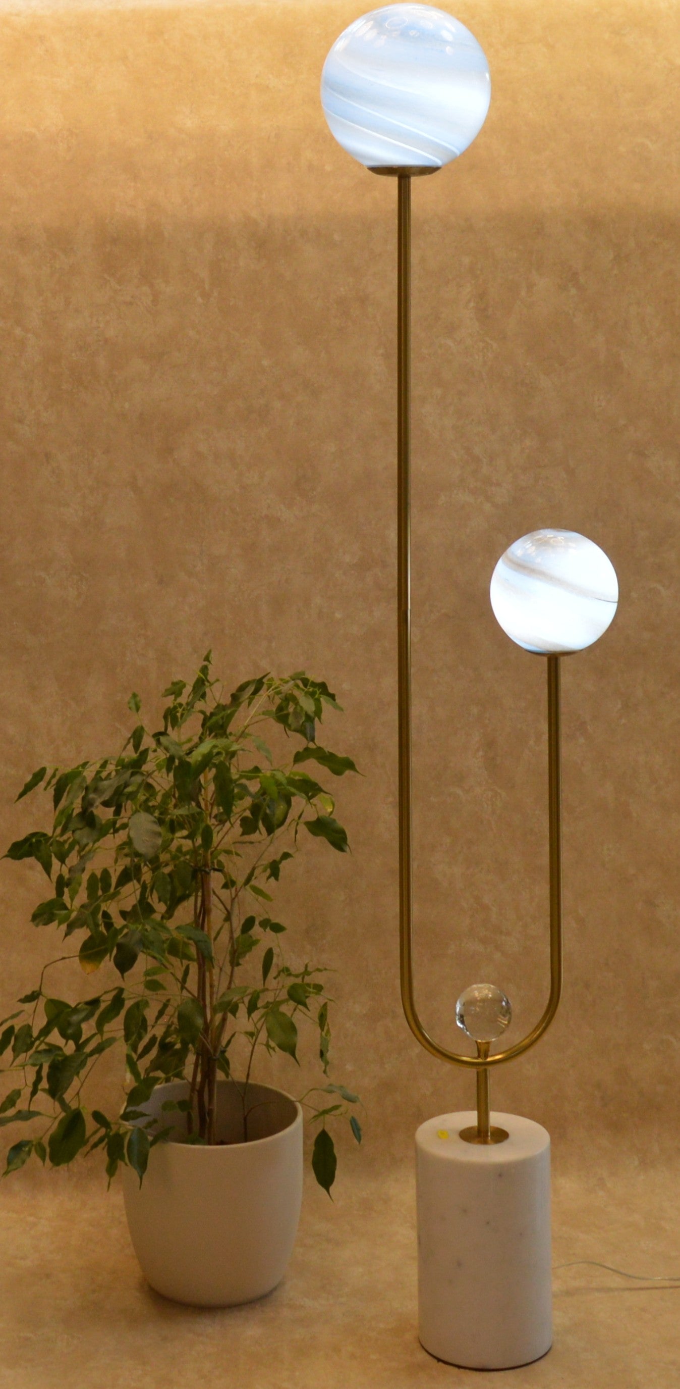 High End Modern Brass Floor Lamp with Marble Base & Dual Glass Globe Lights