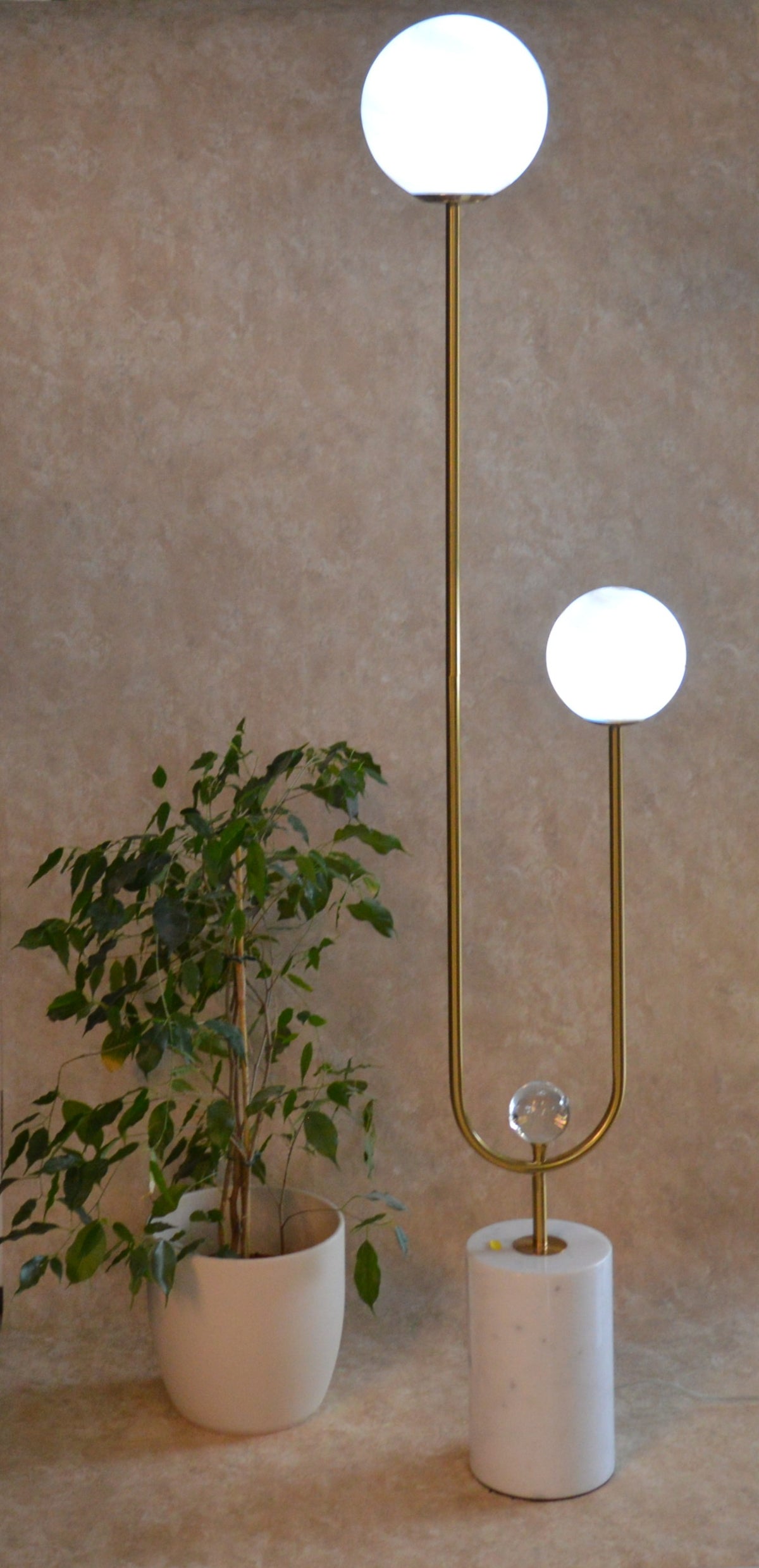 High End Modern Brass Floor Lamp with Marble Base & Dual Glass Globe Lights
