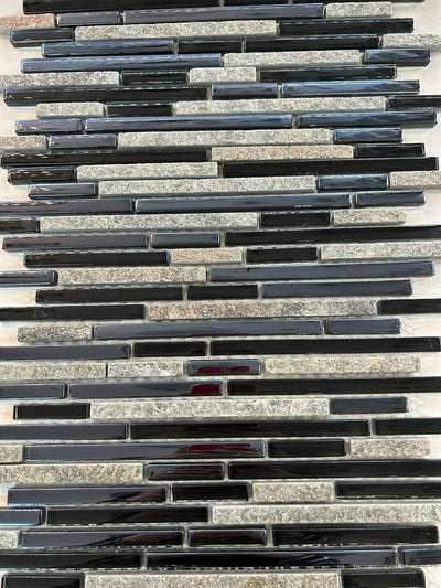 Black Glass & Stone Lined Mosaic Tiles-300*300*8mm-11sheet-1m2-PTLN-06-01
