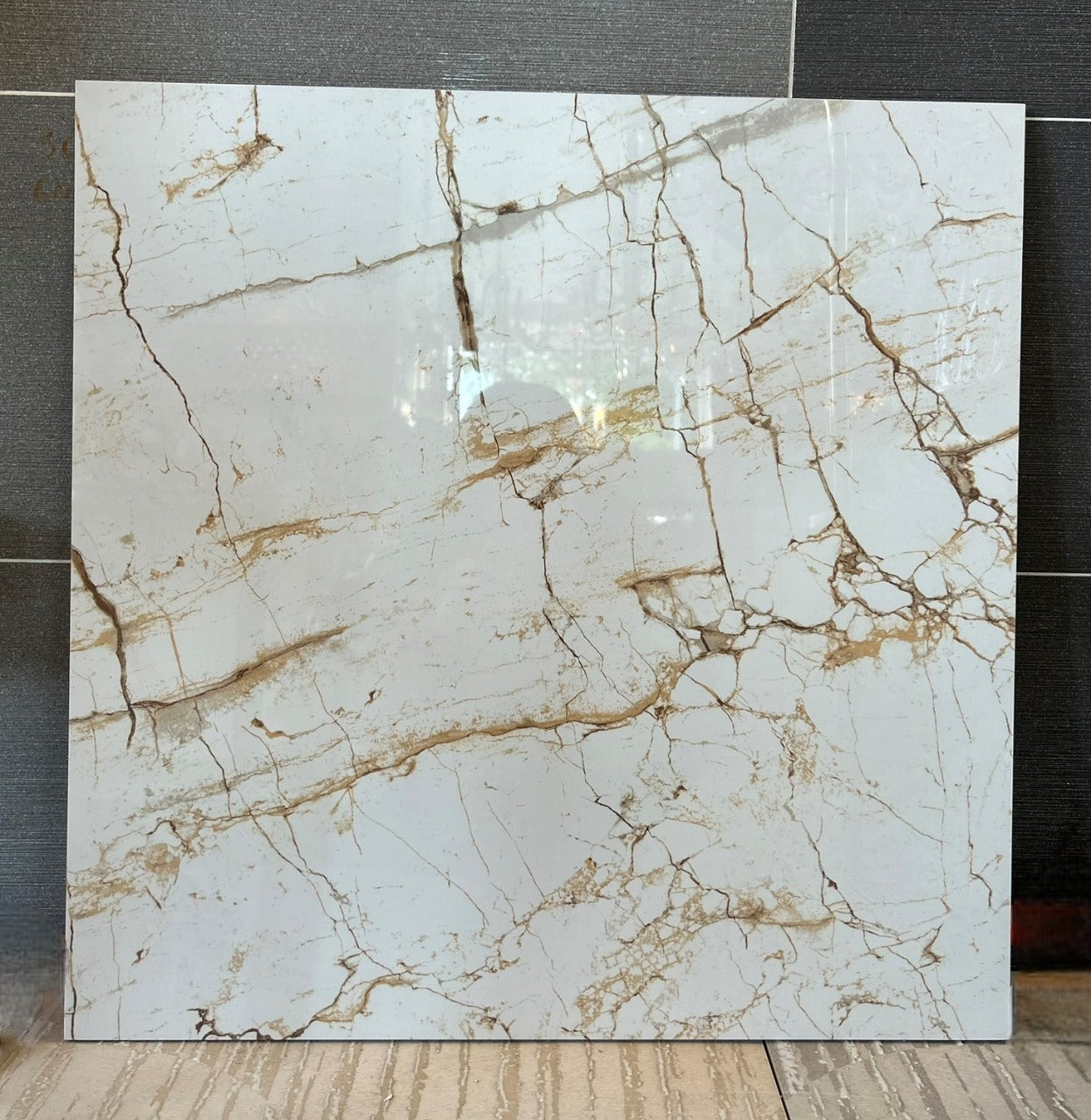 Cream with Gold Marble Effect Glossy Porcelain Tiles Wall & Floor Tiles-600*600*10.5mm-B6104-polished