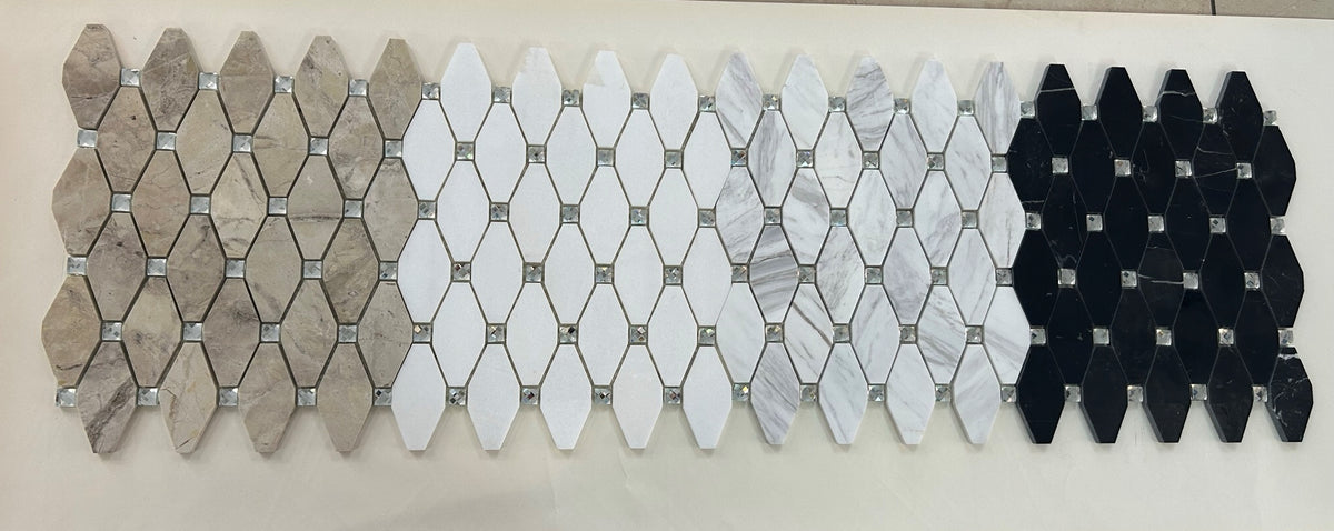 White, Grey, Beige & Black Marble Mosaic Tiles with Crystal  |300X340X8mm|10=1m2