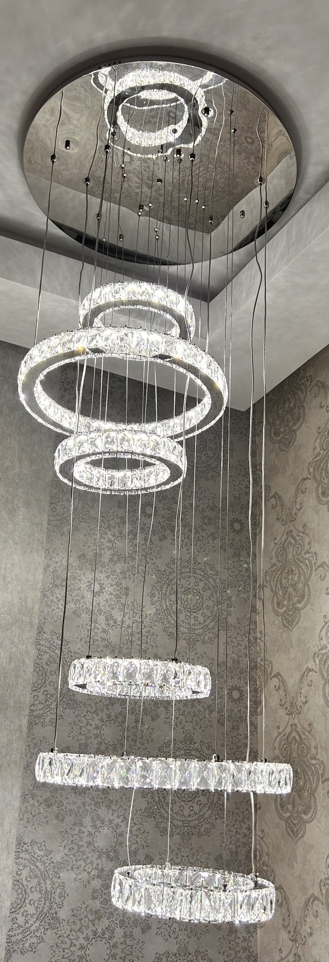 Luxury Crystal LED Multi-Ring Chandelier Ceiling Light – Modern Spiral Pendant, Dimmable, Chrome Finish, Designer Statement Lighting