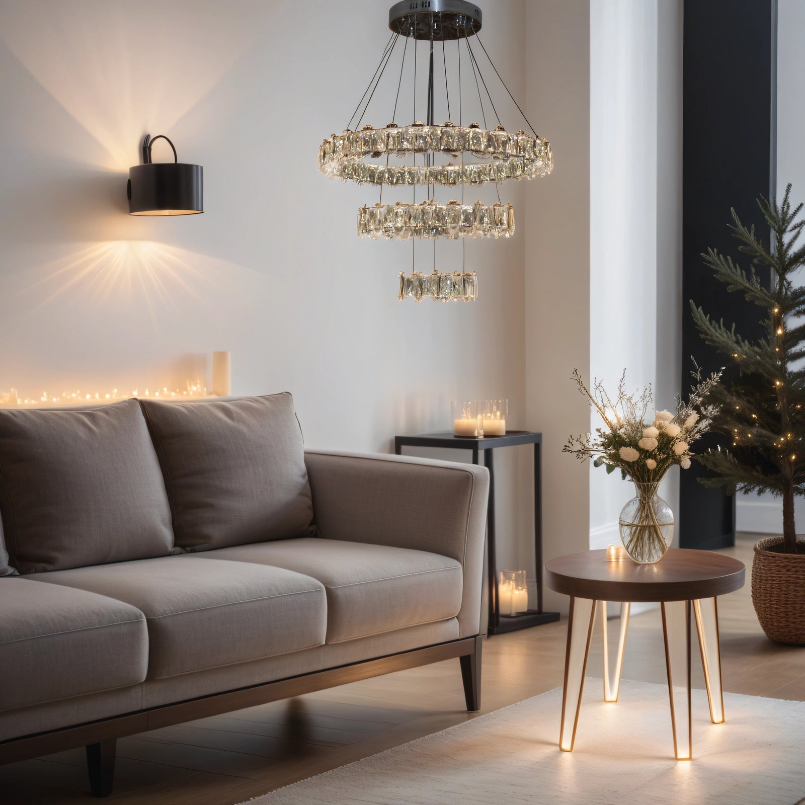 Round 3 Circular Crystallic Pendant Ceiling Light-Colour Changing Dimmable with Remote Control-D9010-600+400+200-Chrome