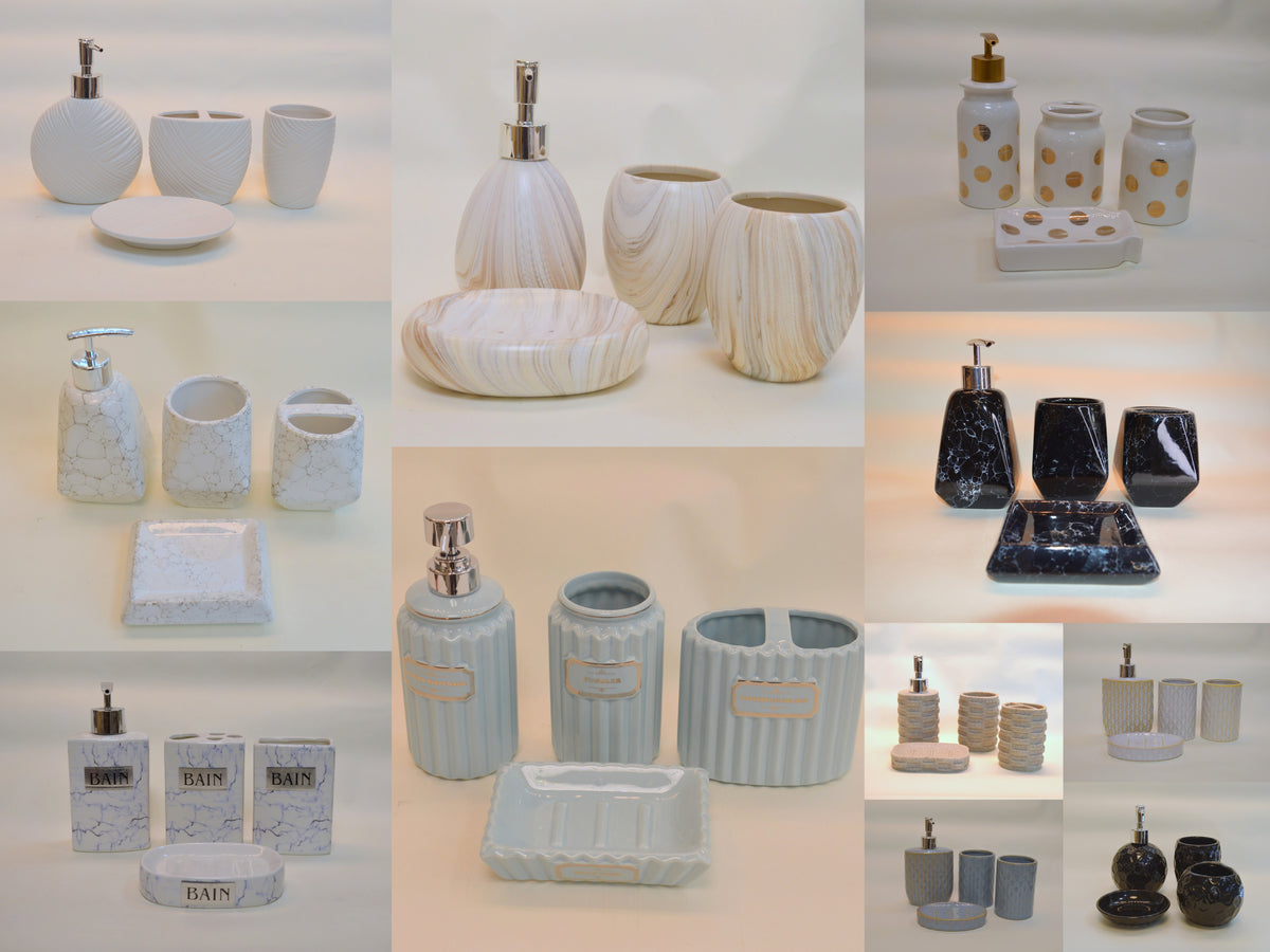 Bathroom Accessories Set, 4 Piece Ceramic & Resin Bath Accessory Set Includes 2Pcs Toothbrush Holder/Tumbler, Liquid Soap or Lotion Dispenser & Soap Dish Bathroom Storage