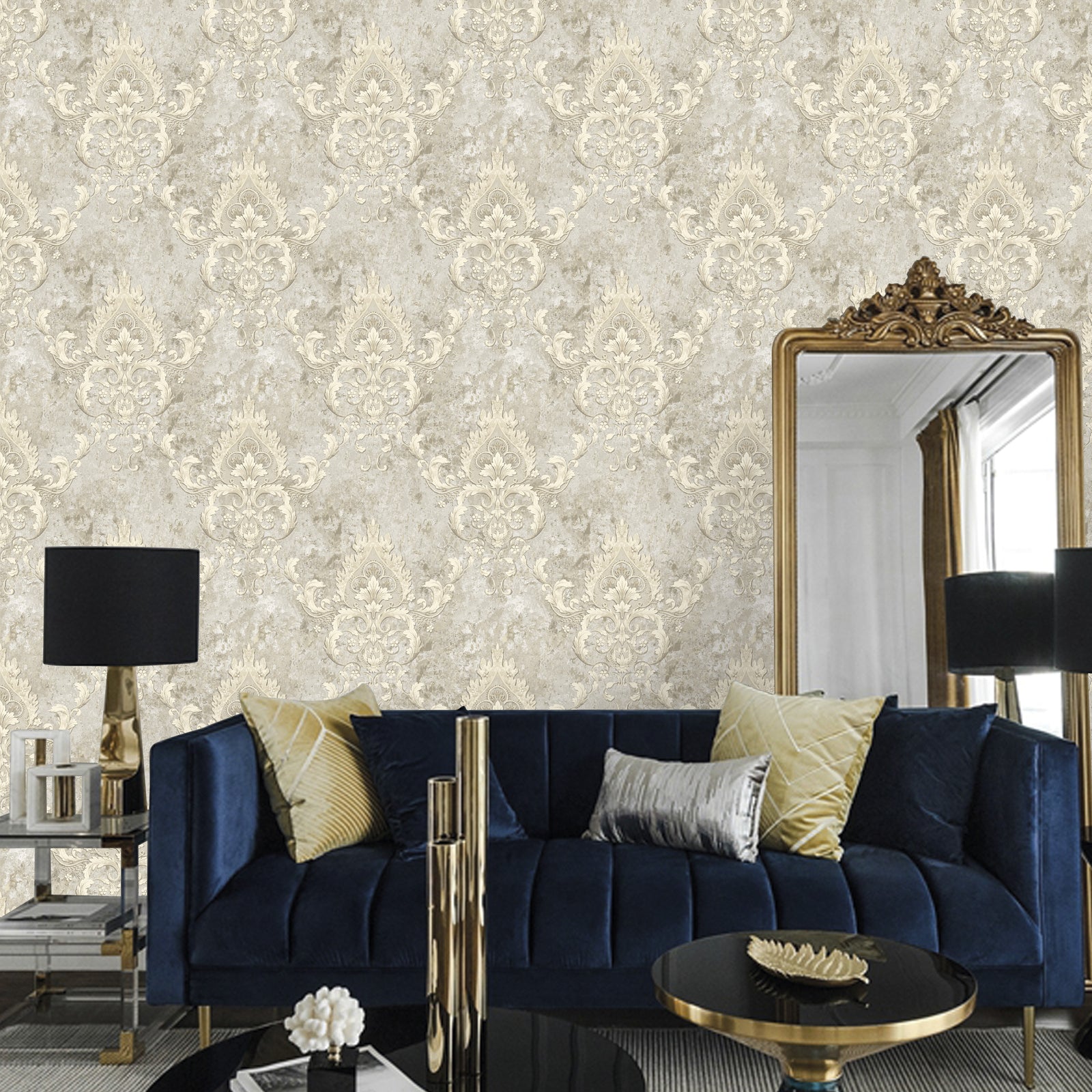 Victorian Damask Pattern Double Width wallpaper-15mtr Length and 1mtr Width-VA15704