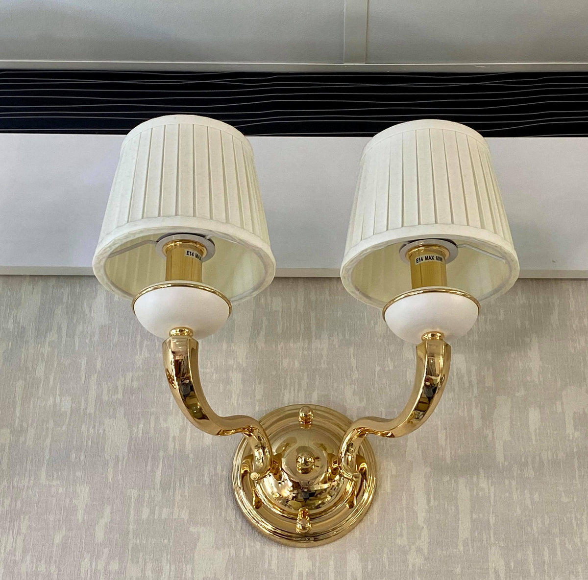 Elegant Dual-Arm Chrome Wall Light with Fabric Shades